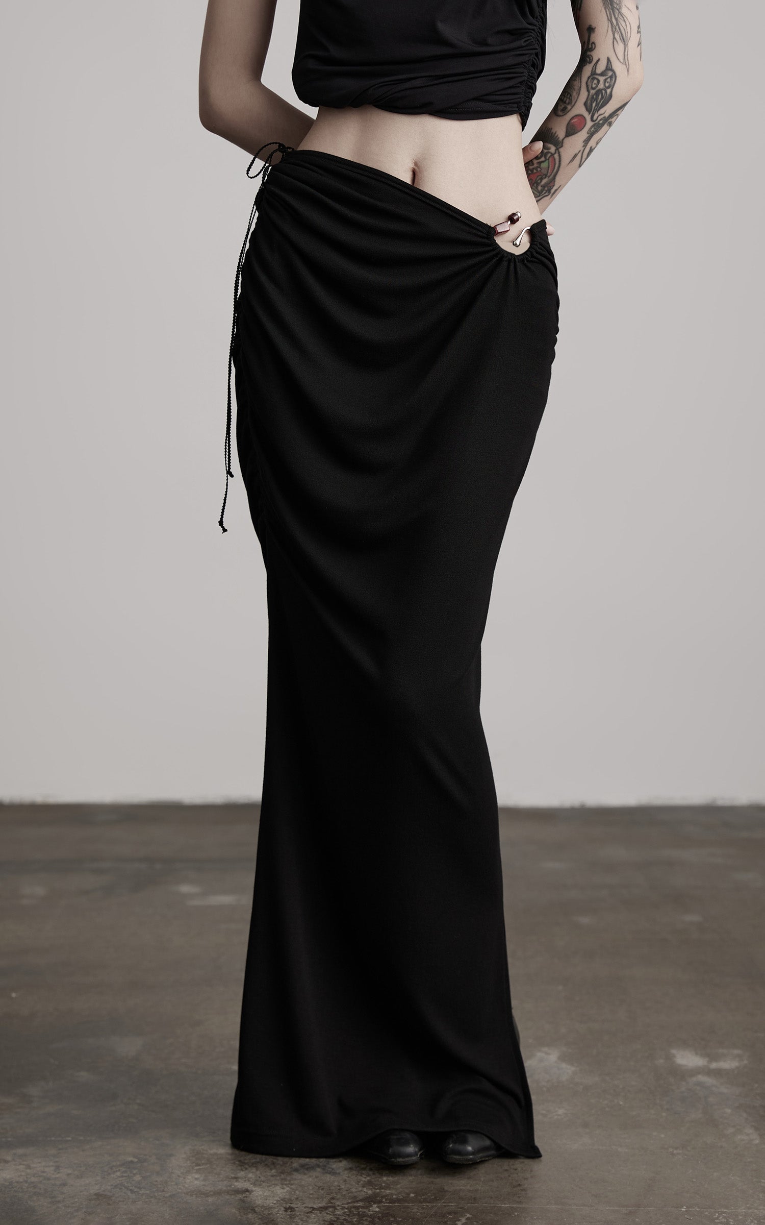 INDULGE Beaded Drawstring Draped Maxi Skirt