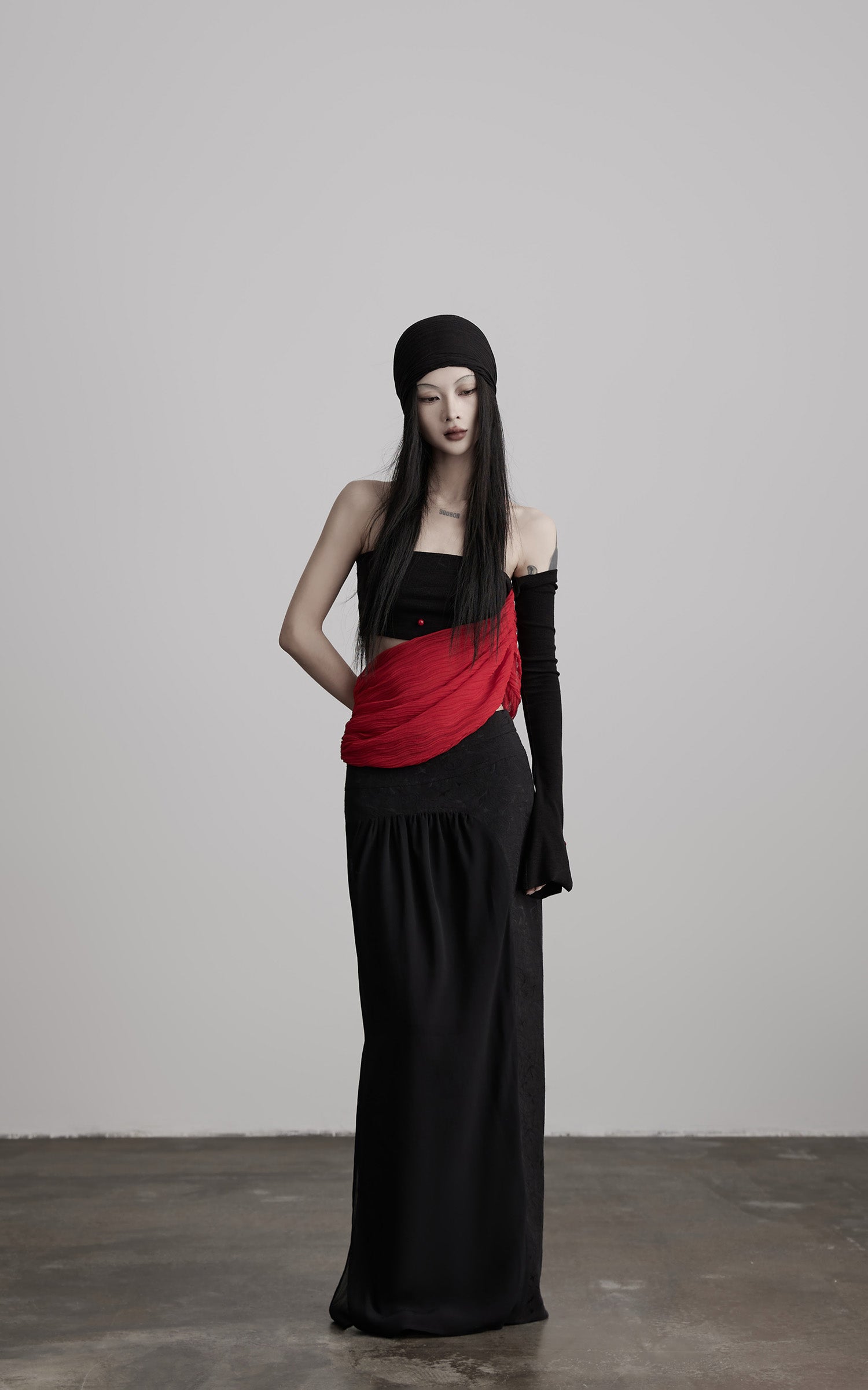 INDULGE Asymmetric Drape Top — Sculptural Red Pleats with Black Knit Base