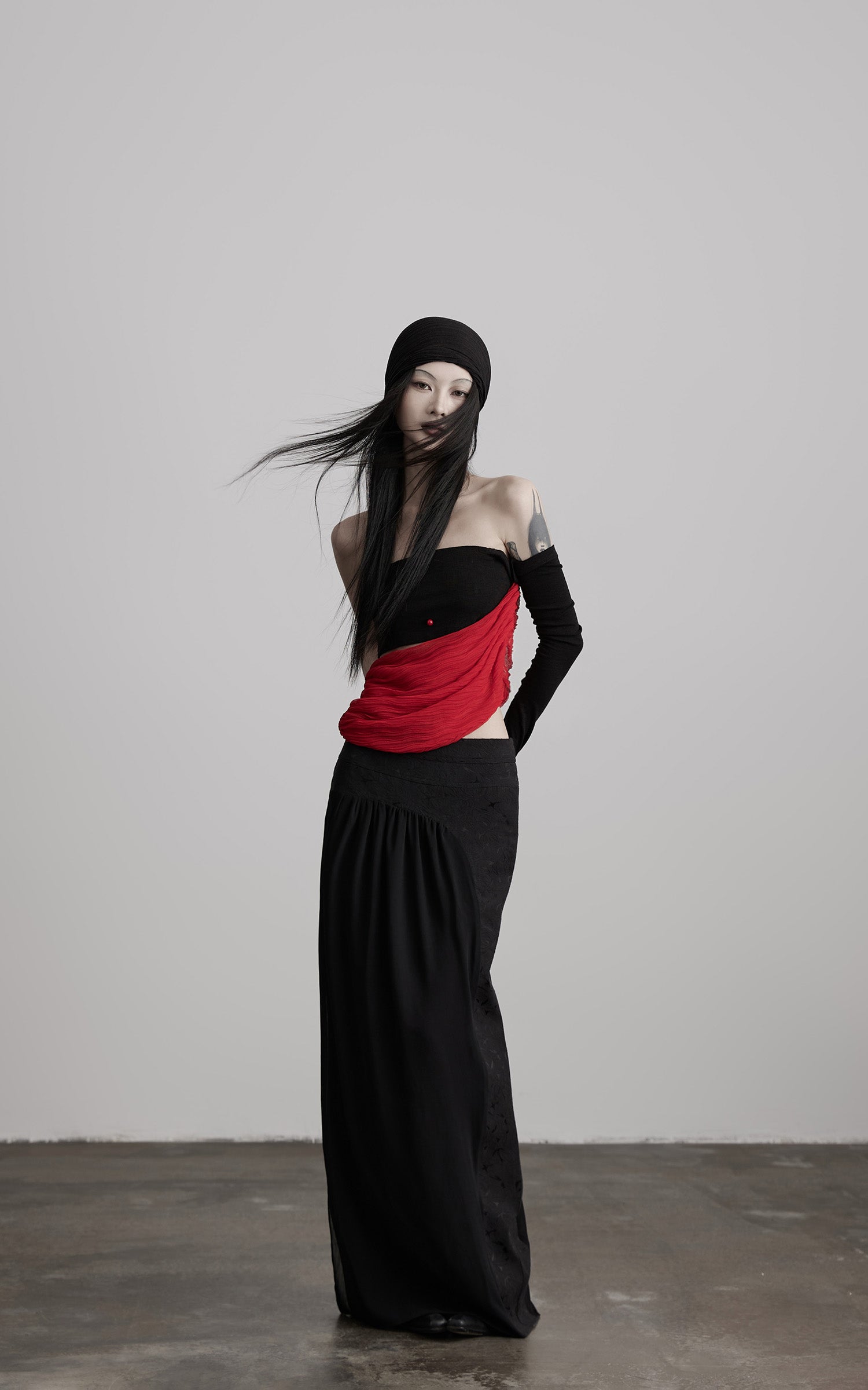 INDULGE Asymmetric Drape Top — Sculptural Red Pleats with Black Knit Base