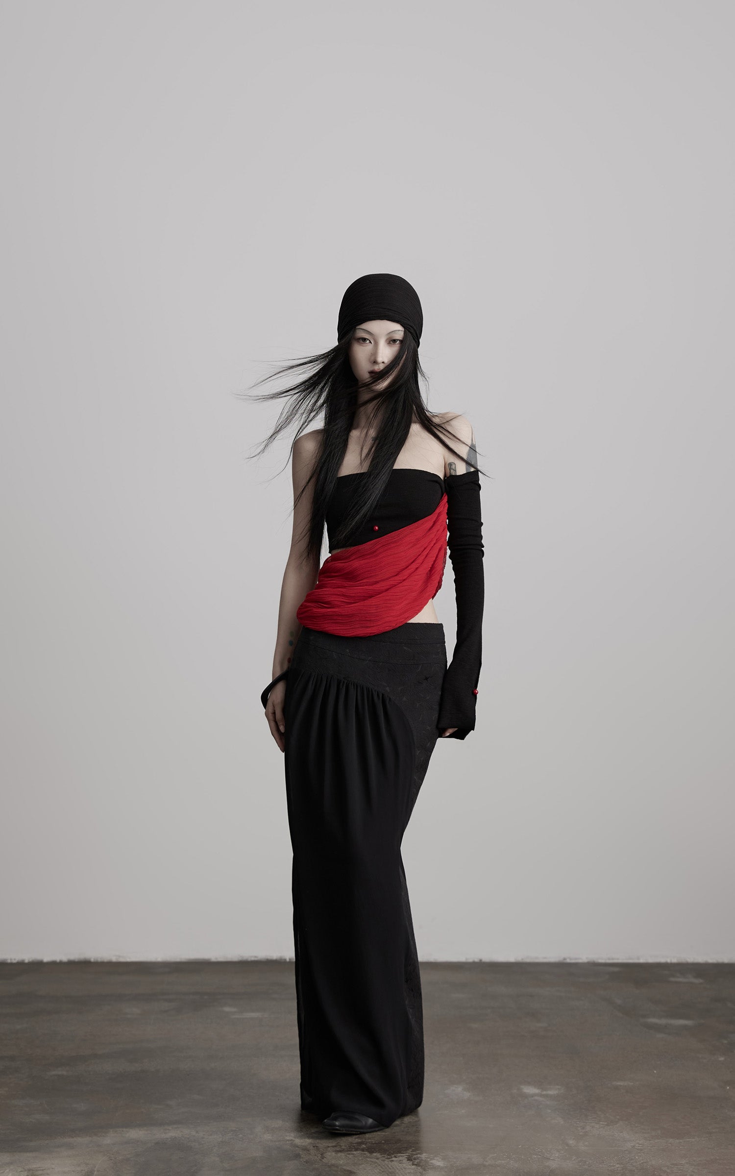 INDULGE Asymmetric Drape Top — Sculptural Red Pleats with Black Knit Base