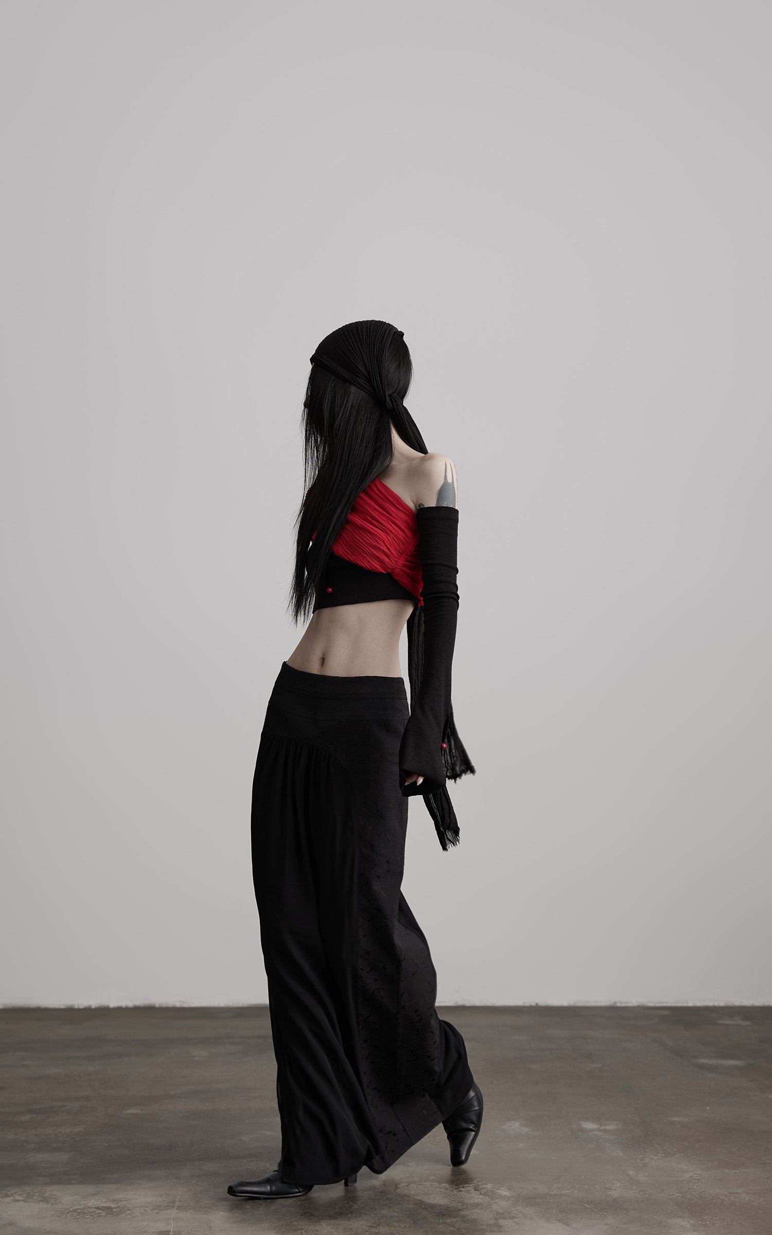 INDULGE Asymmetric Drape Top — Sculptural Red Pleats with Black Knit Base