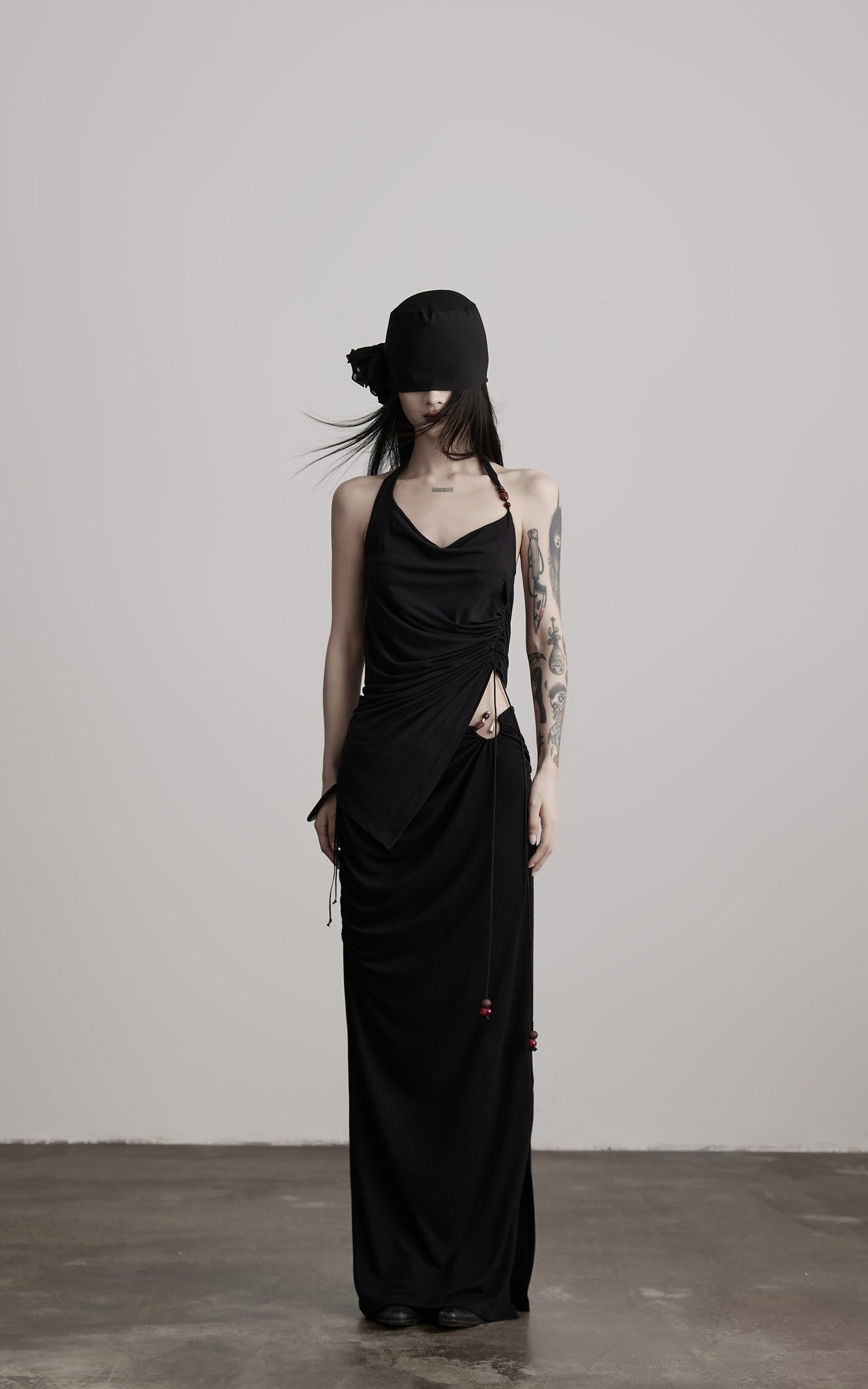 INDULGE Draped Halter Tank with Bead Detail and Asymmetric Ruched Cut-Out