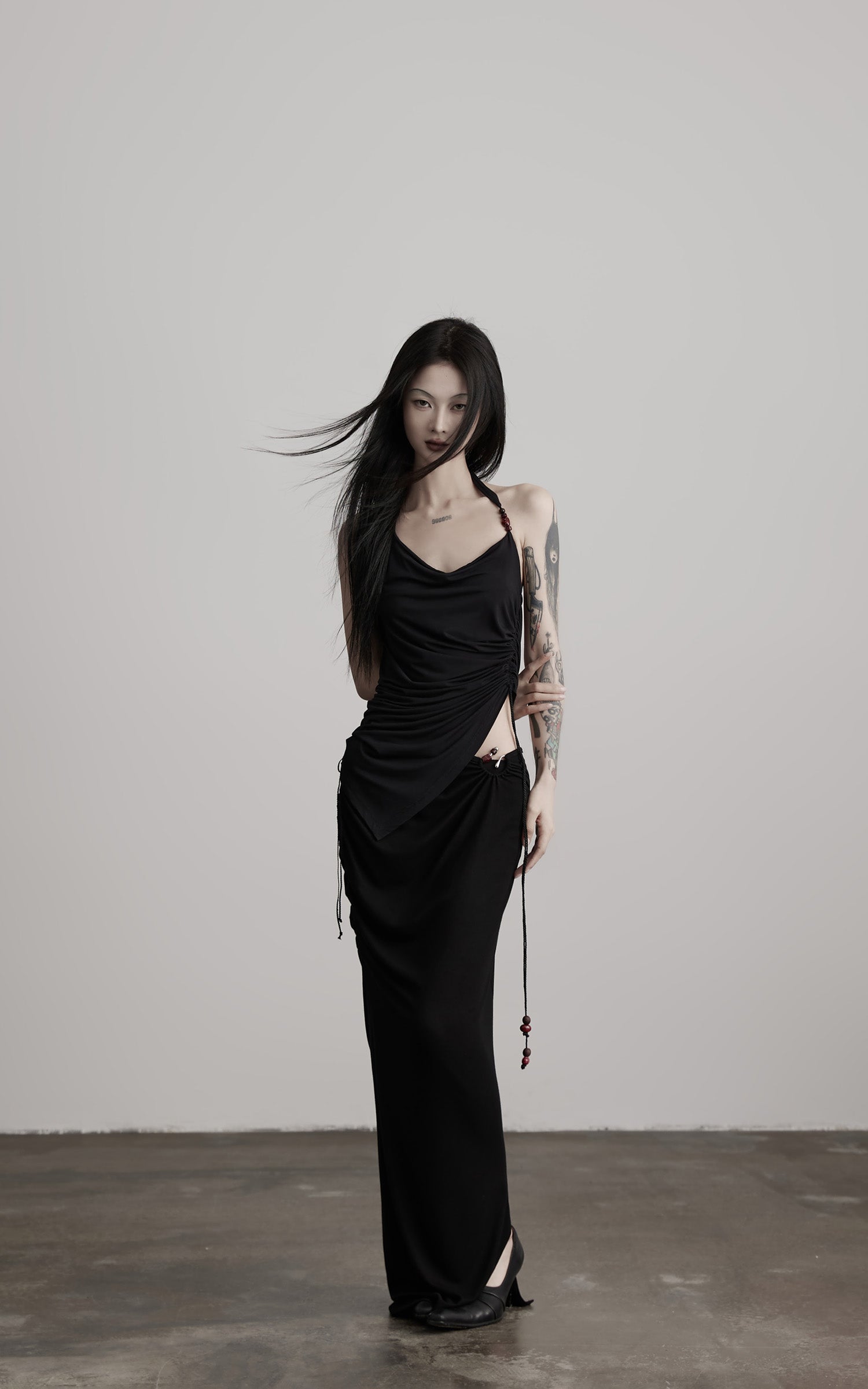 INDULGE Draped Halter Tank with Bead Detail and Asymmetric Ruched Cut-Out