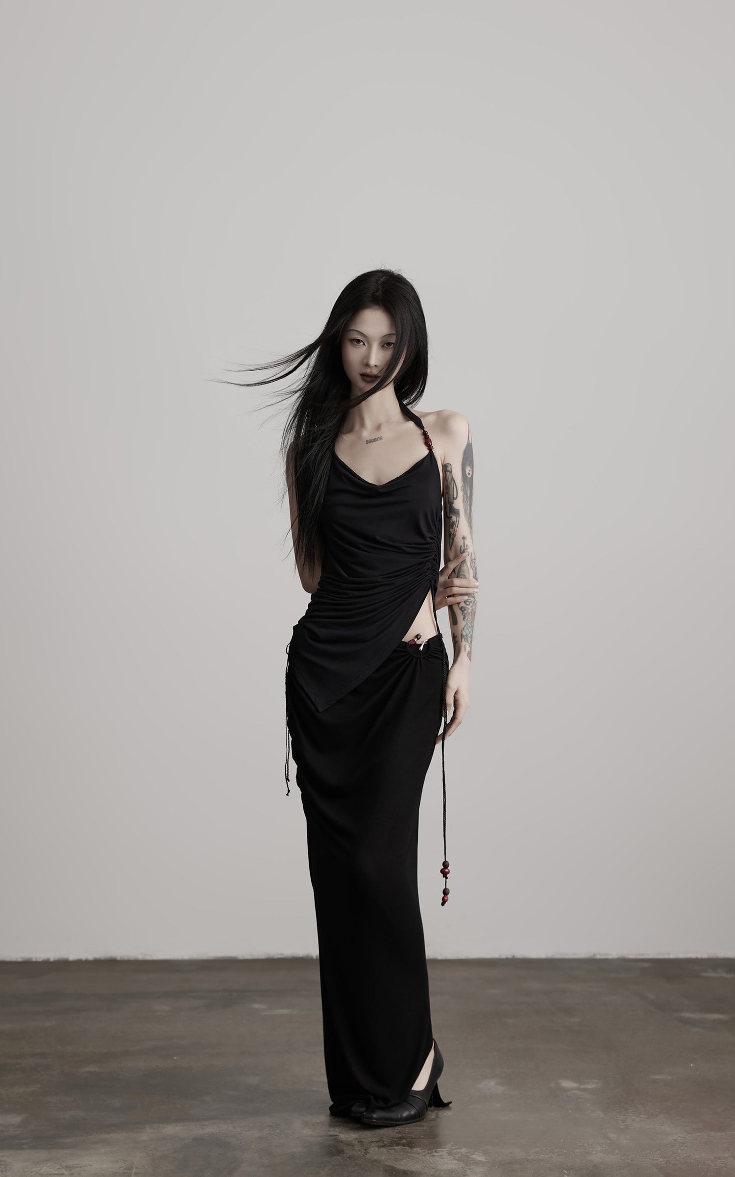 INDULGE Beaded Drawstring Draped Maxi Skirt