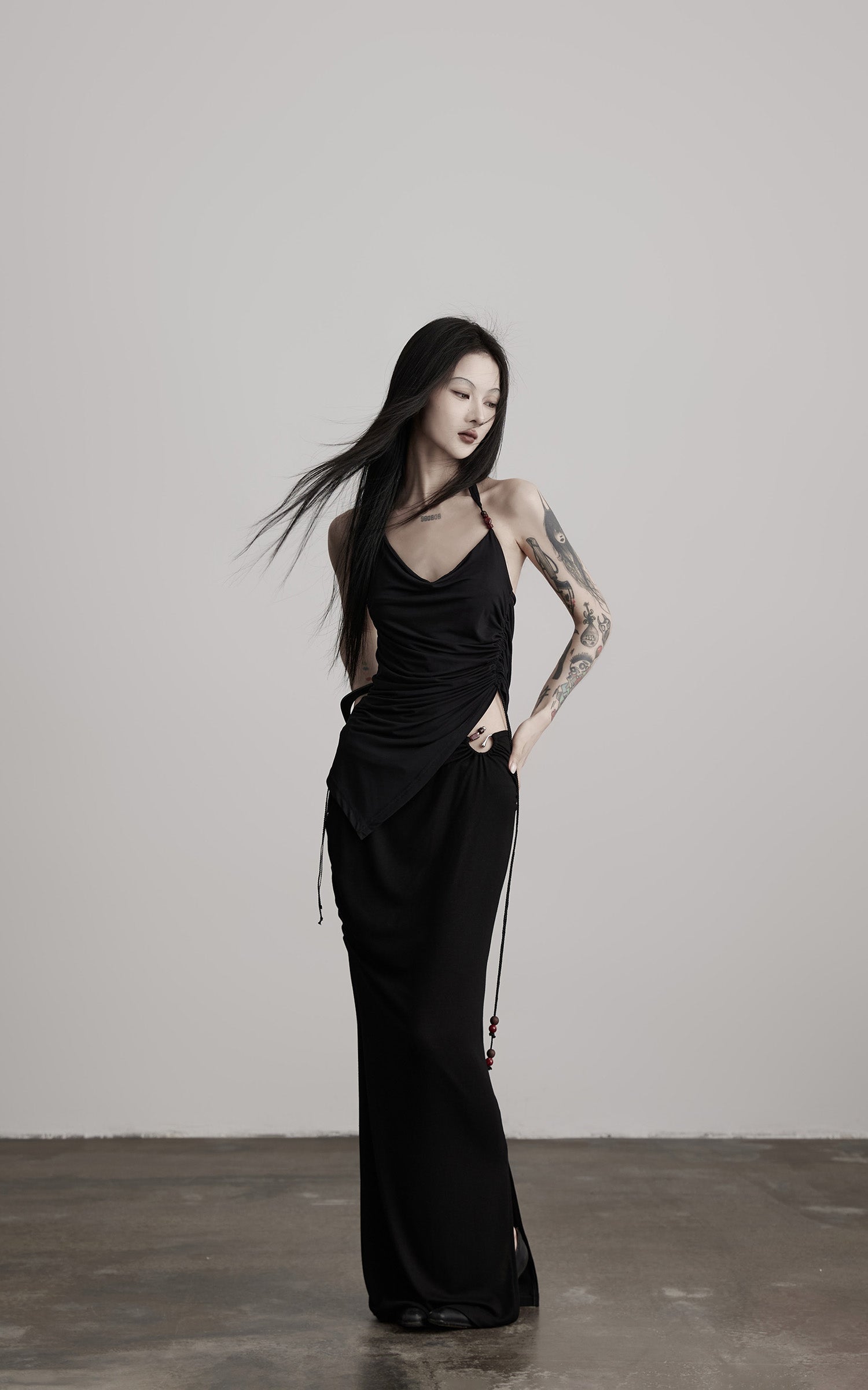 INDULGE Beaded Drawstring Draped Maxi Skirt