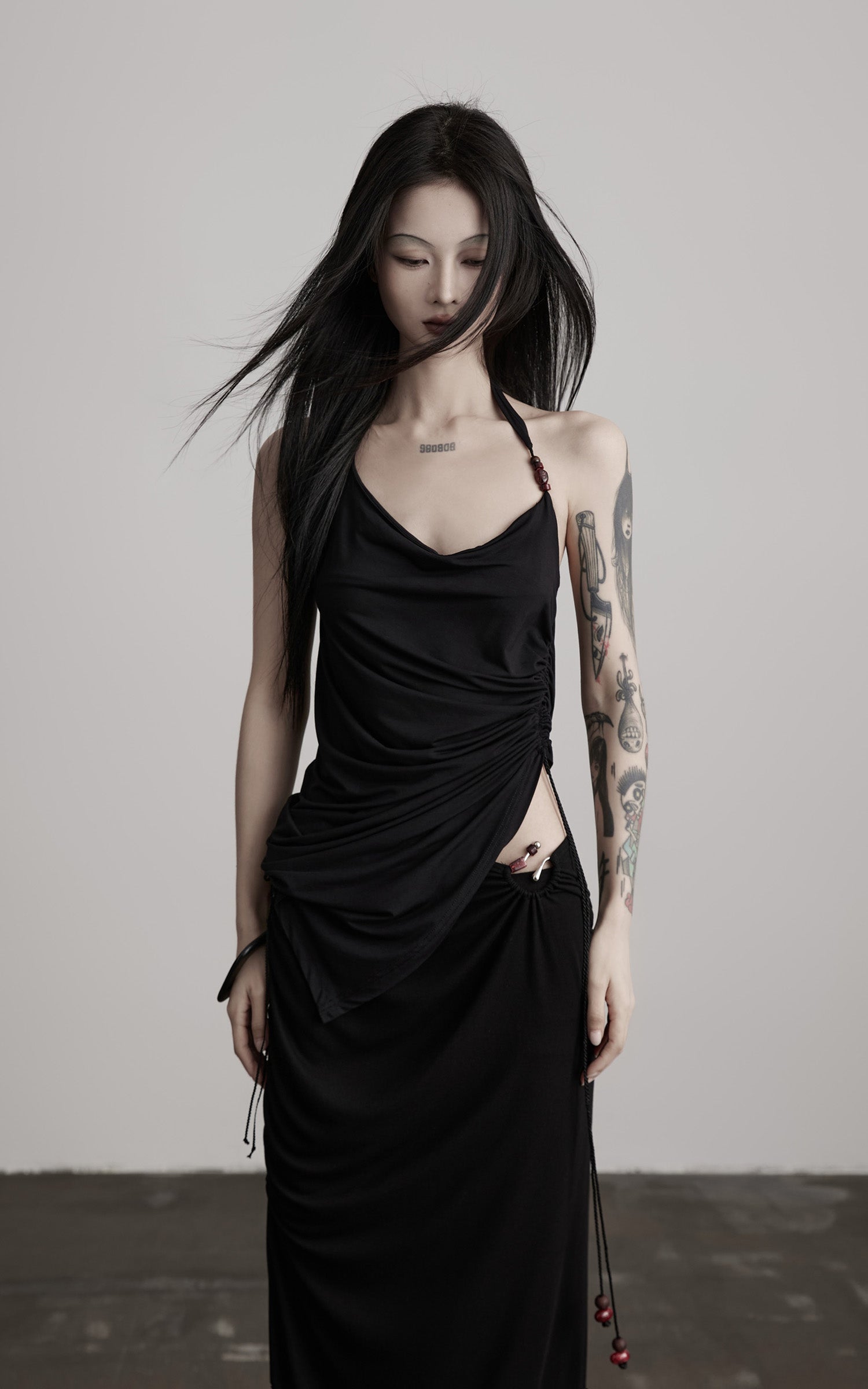 INDULGE Draped Halter Tank with Bead Detail and Asymmetric Ruched Cut-Out