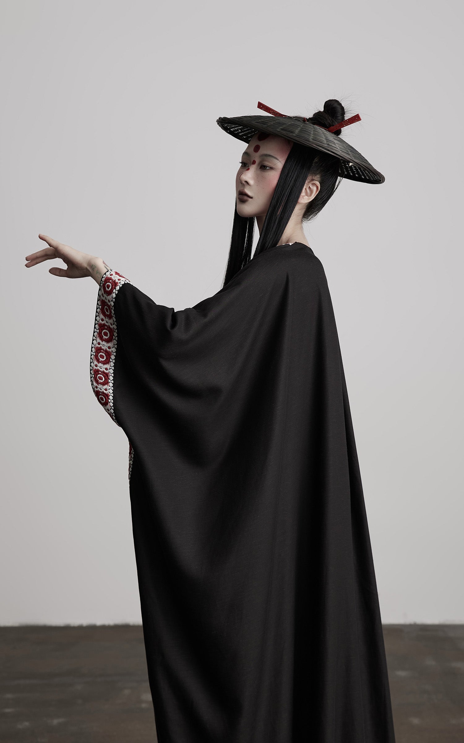 INDULGE Embroidered Long Kimono Coat with Flowing Silhouette and Contrast Details