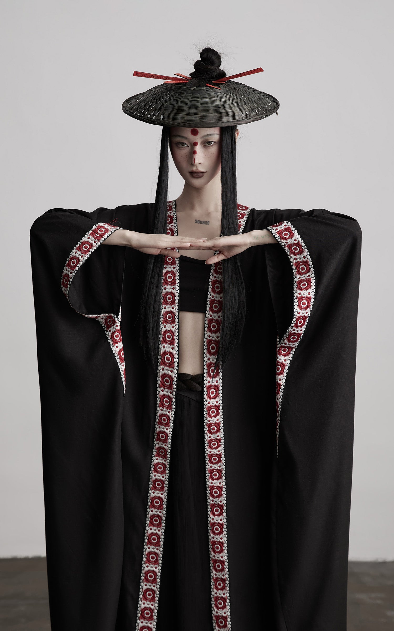 INDULGE Embroidered Long Kimono Coat with Flowing Silhouette and Contrast Details
