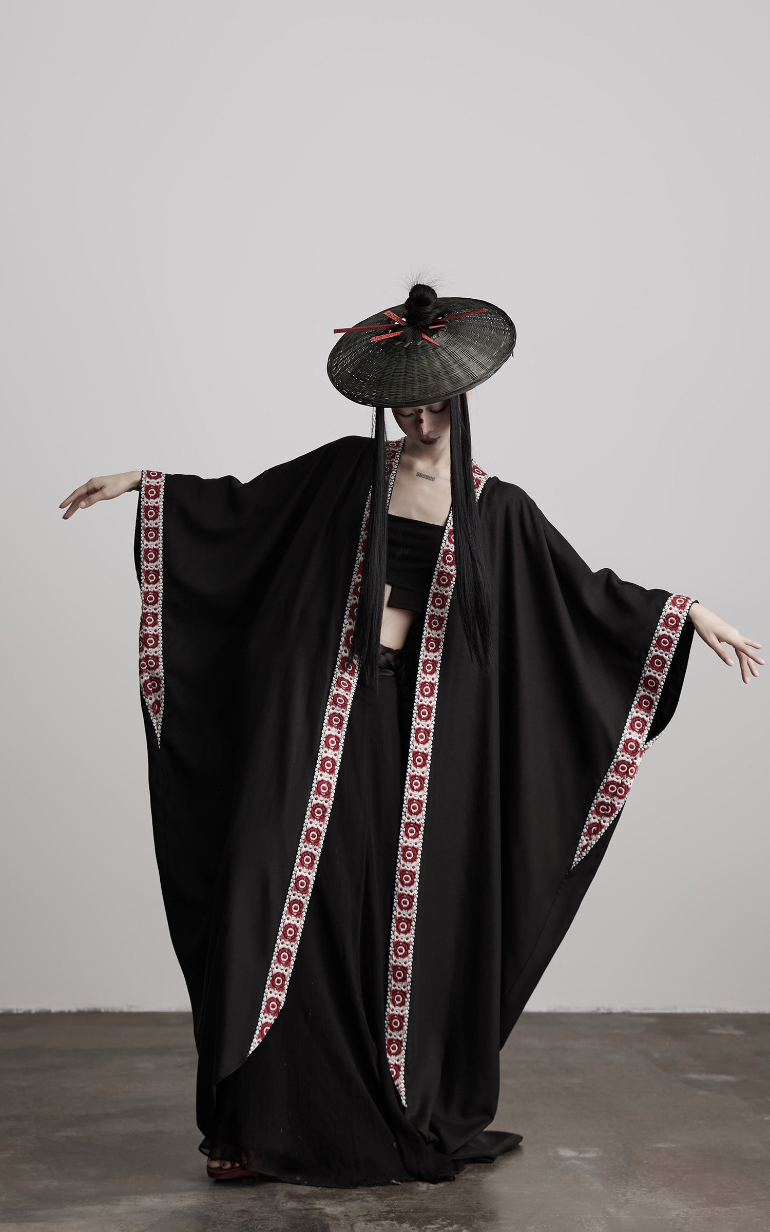 INDULGE Embroidered Long Kimono Coat with Flowing Silhouette and Contrast Details