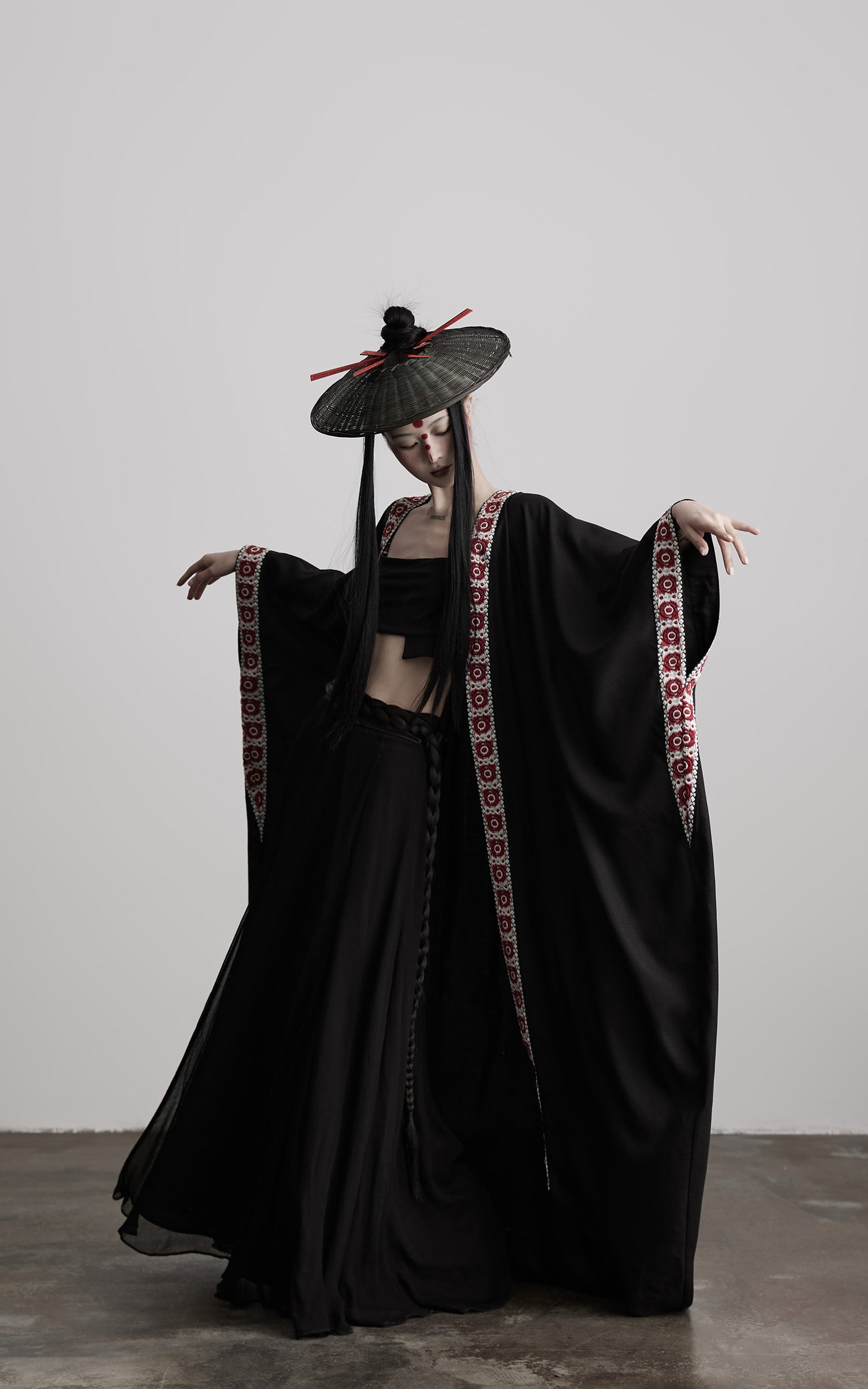 INDULGE Embroidered Long Kimono Coat with Flowing Silhouette and Contrast Details