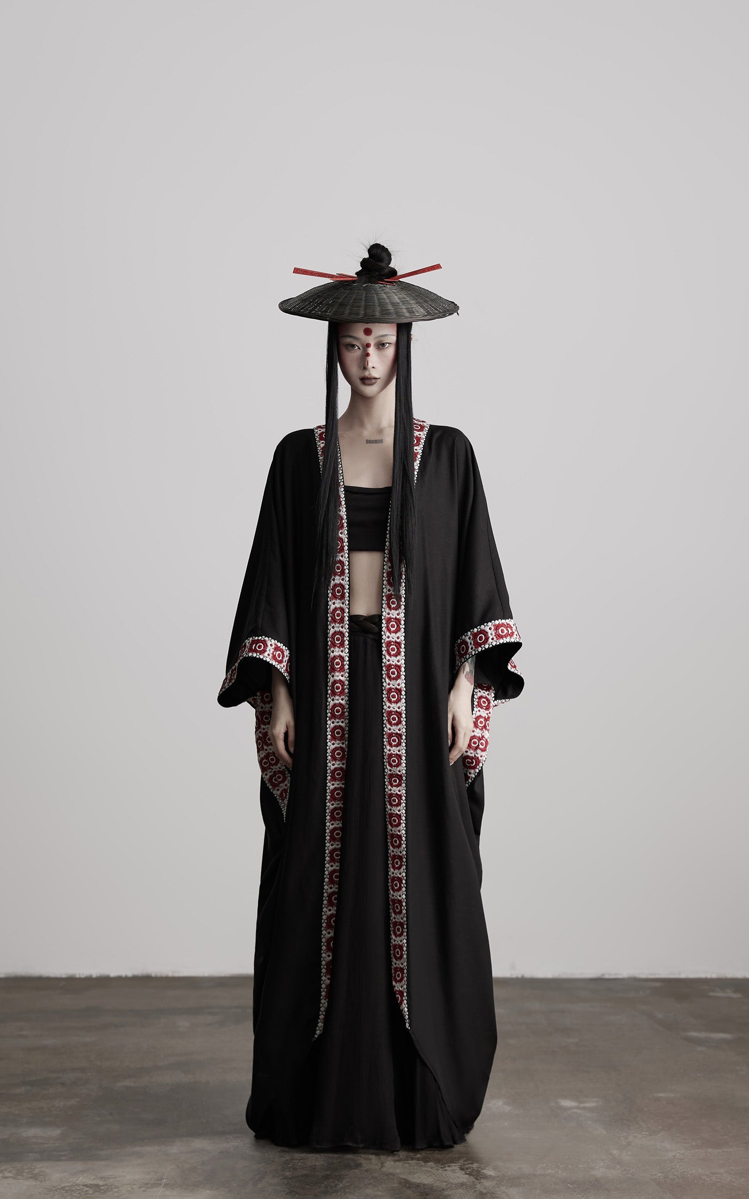 INDULGE Embroidered Long Kimono Coat with Flowing Silhouette and Contrast Details