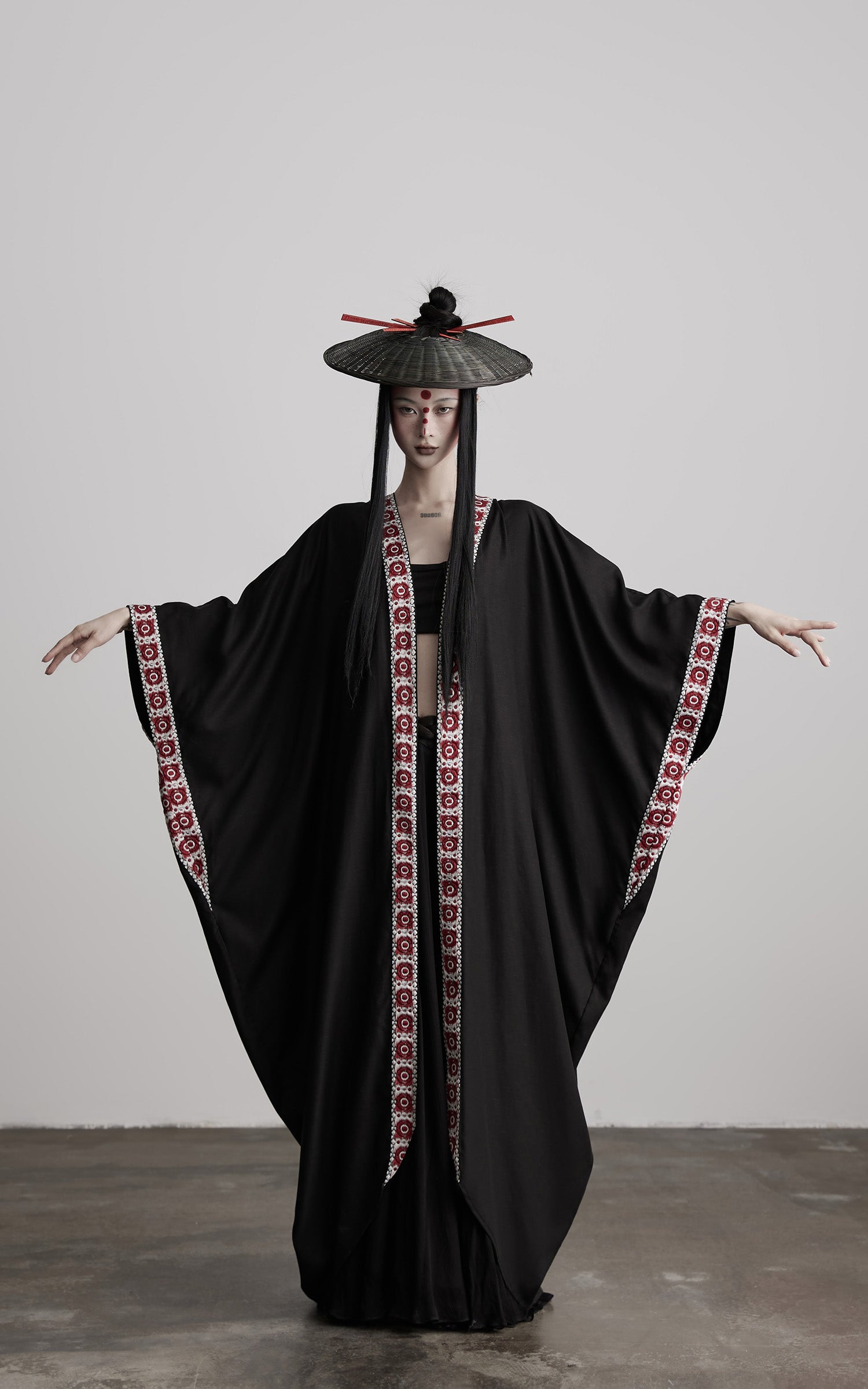INDULGE Embroidered Long Kimono Coat with Flowing Silhouette and Contrast Details
