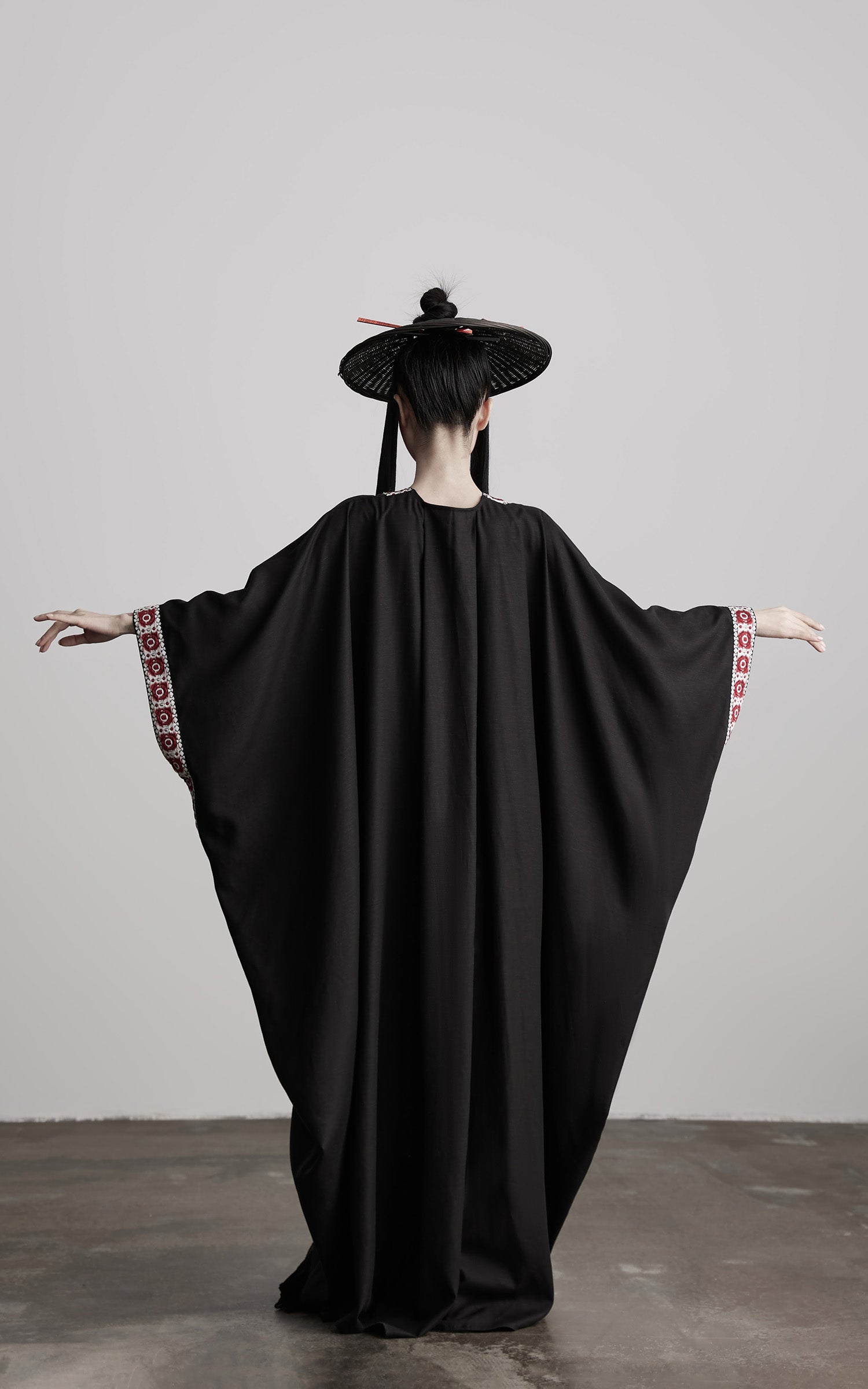 INDULGE Embroidered Long Kimono Coat with Flowing Silhouette and Contrast Details