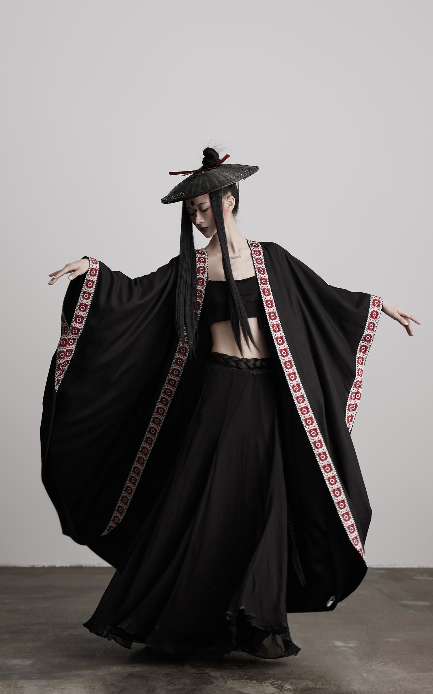 INDULGE Embroidered Long Kimono Coat with Flowing Silhouette and Contrast Details