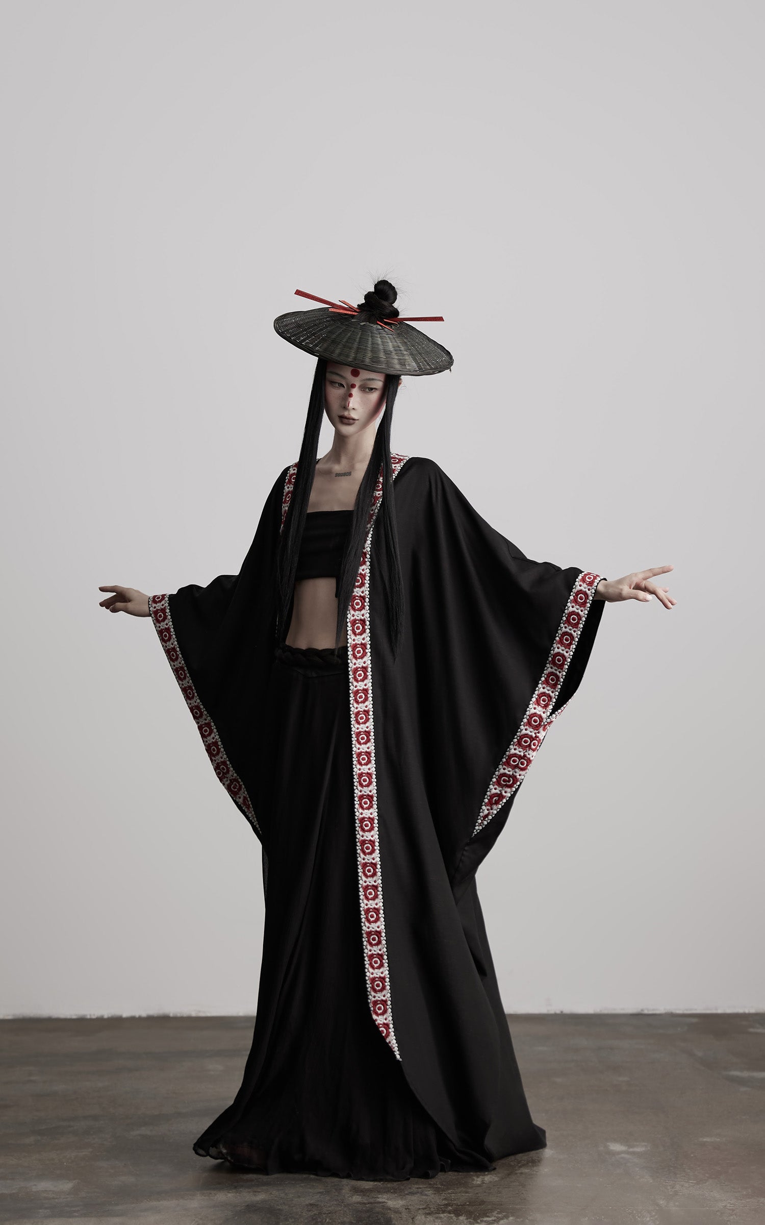 INDULGE Embroidered Long Kimono Coat with Flowing Silhouette and Contrast Details