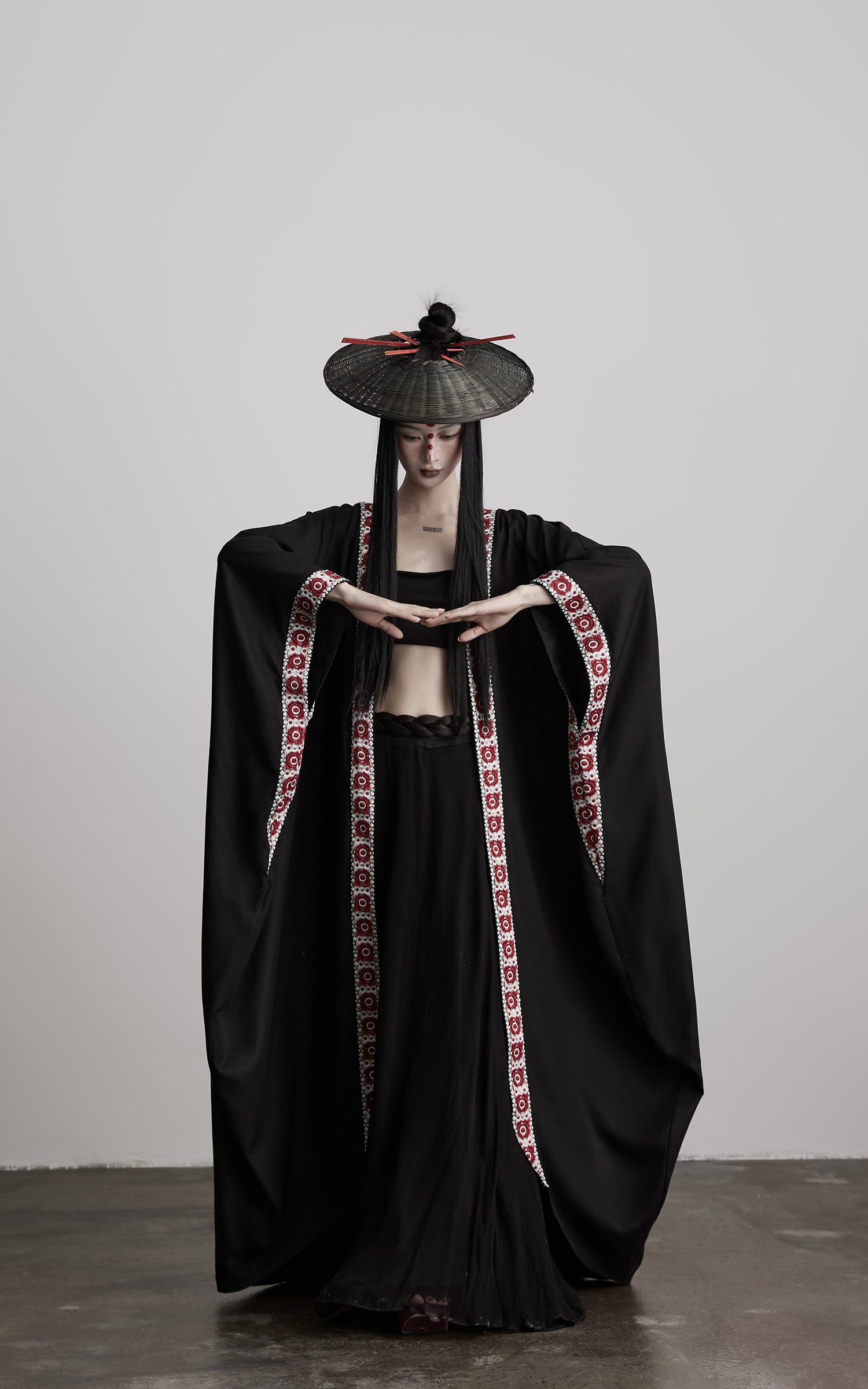 INDULGE Embroidered Long Kimono Coat with Flowing Silhouette and Contrast Details