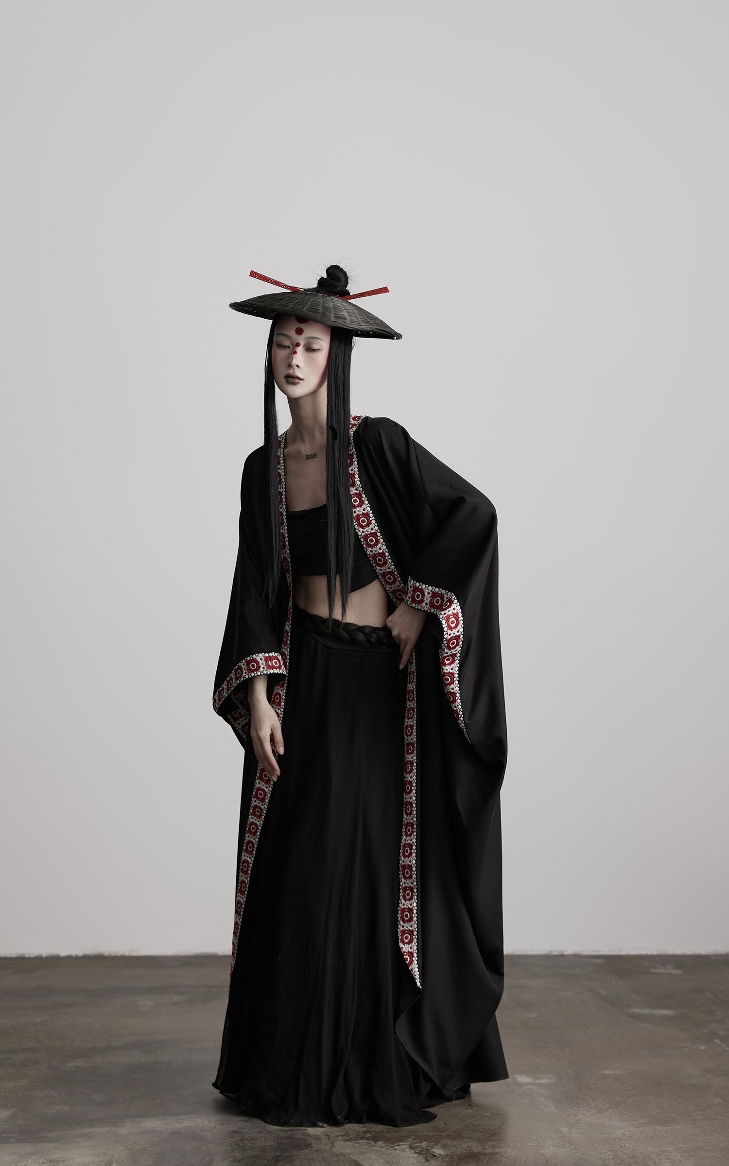 INDULGE Embroidered Long Kimono Coat with Flowing Silhouette and Contrast Details