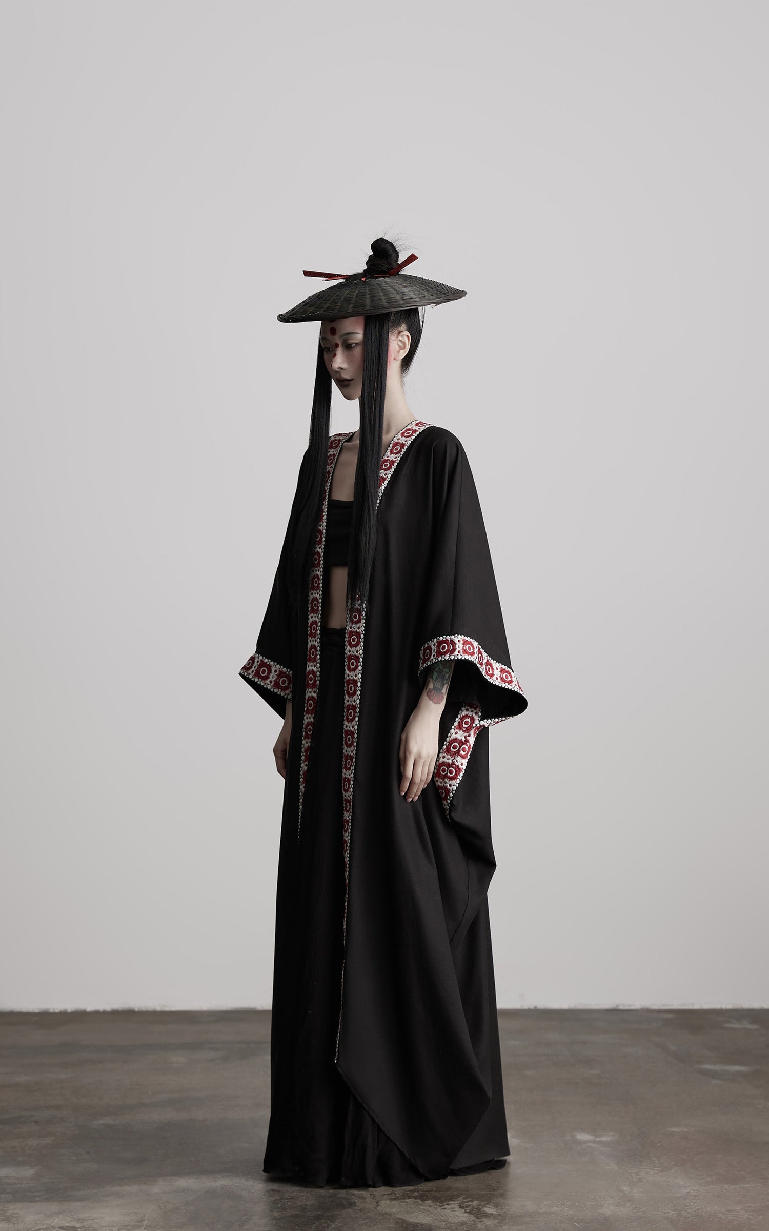INDULGE Embroidered Long Kimono Coat with Flowing Silhouette and Contrast Details