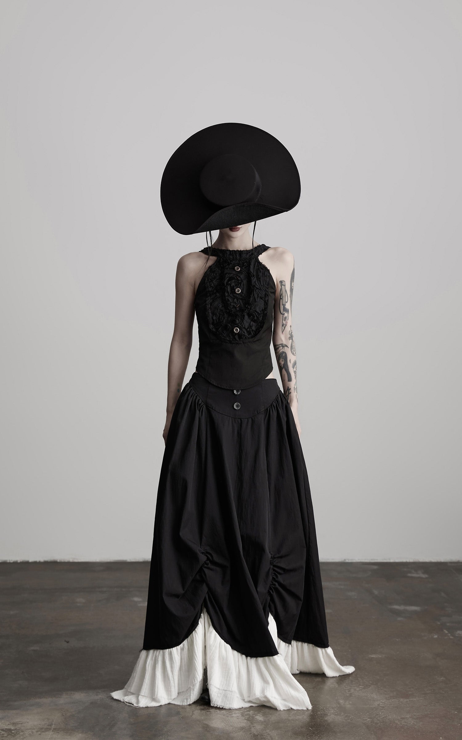 INDULGE Layered Contrast Hem Skirt with Gathered Draping and Buttoned High Waist