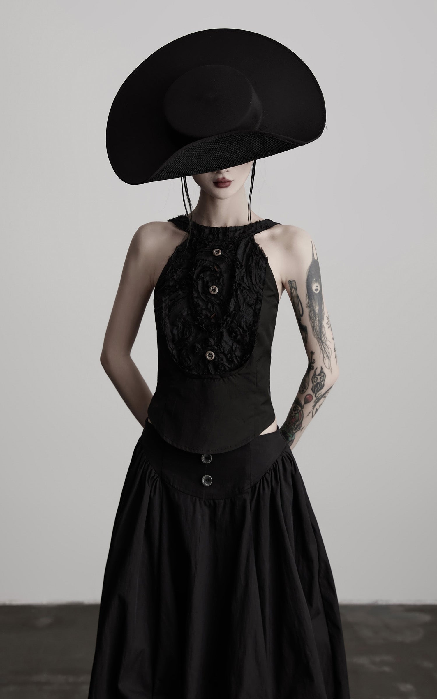INDULGE Distressed Textured Halter Top with Sculptural Button Detail