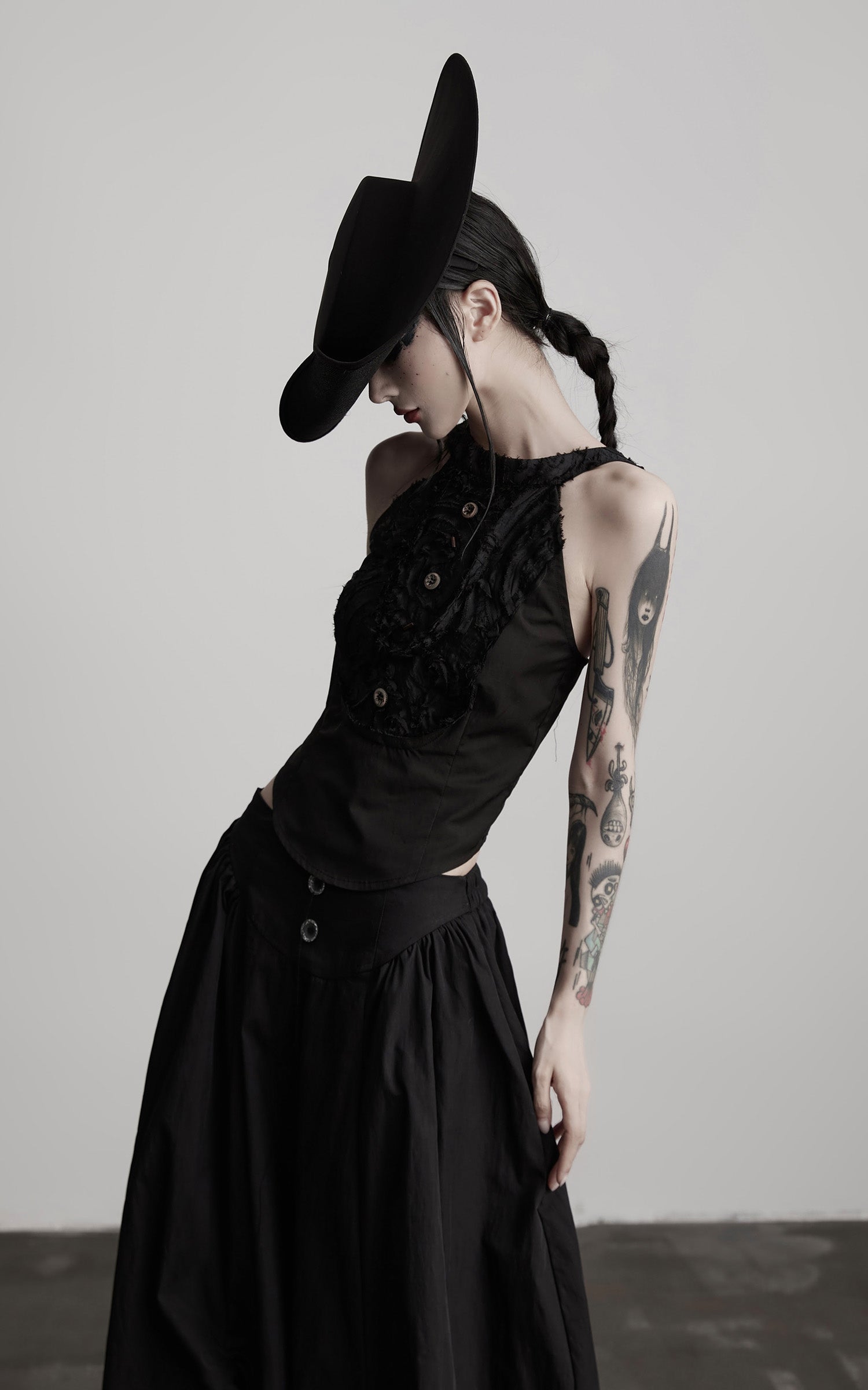 INDULGE Distressed Textured Halter Top with Sculptural Button Detail