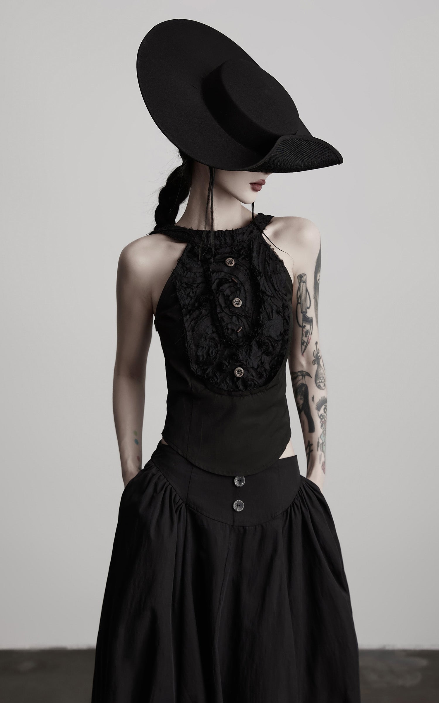 INDULGE Distressed Textured Halter Top with Sculptural Button Detail