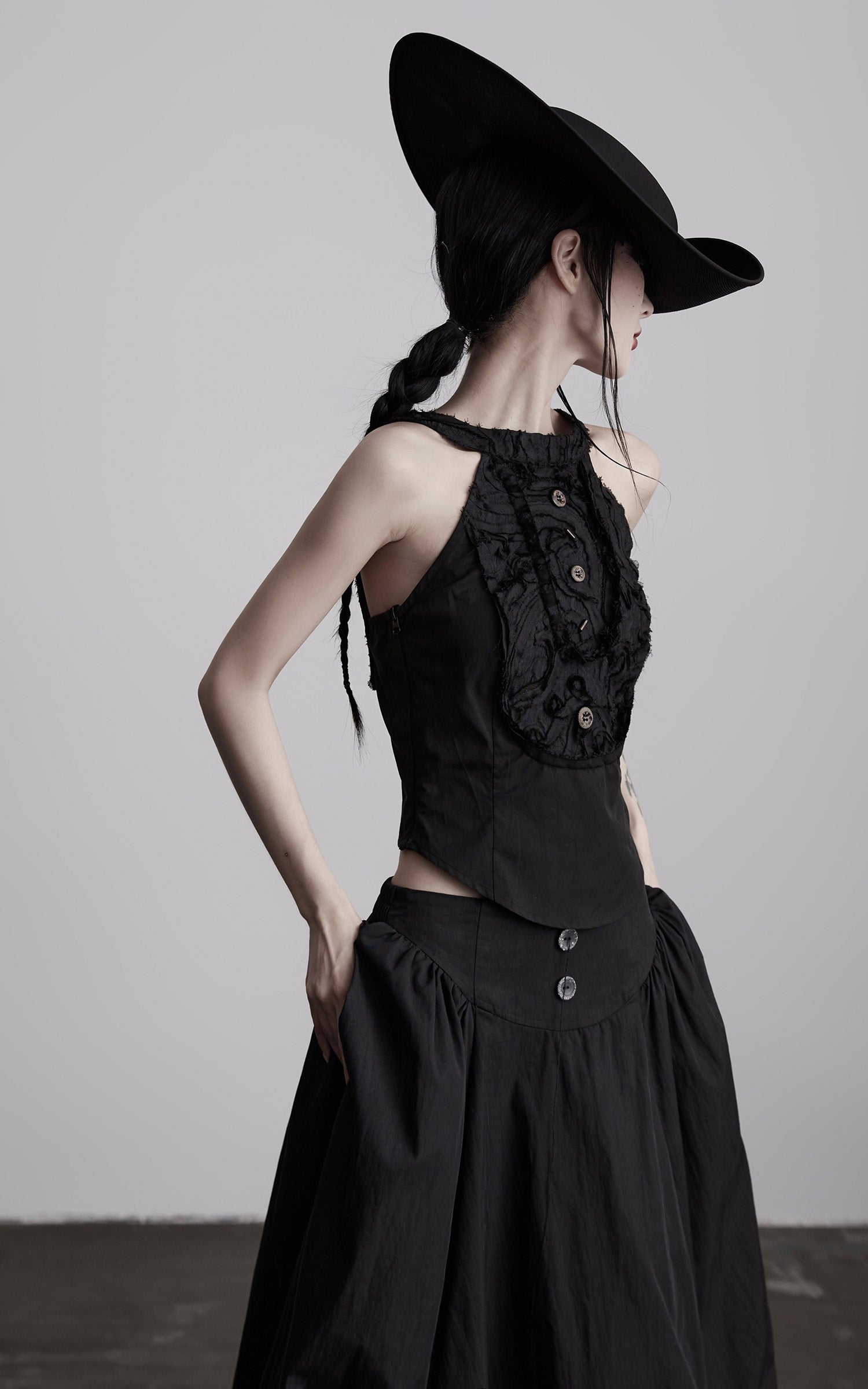 INDULGE Distressed Textured Halter Top with Sculptural Button Detail