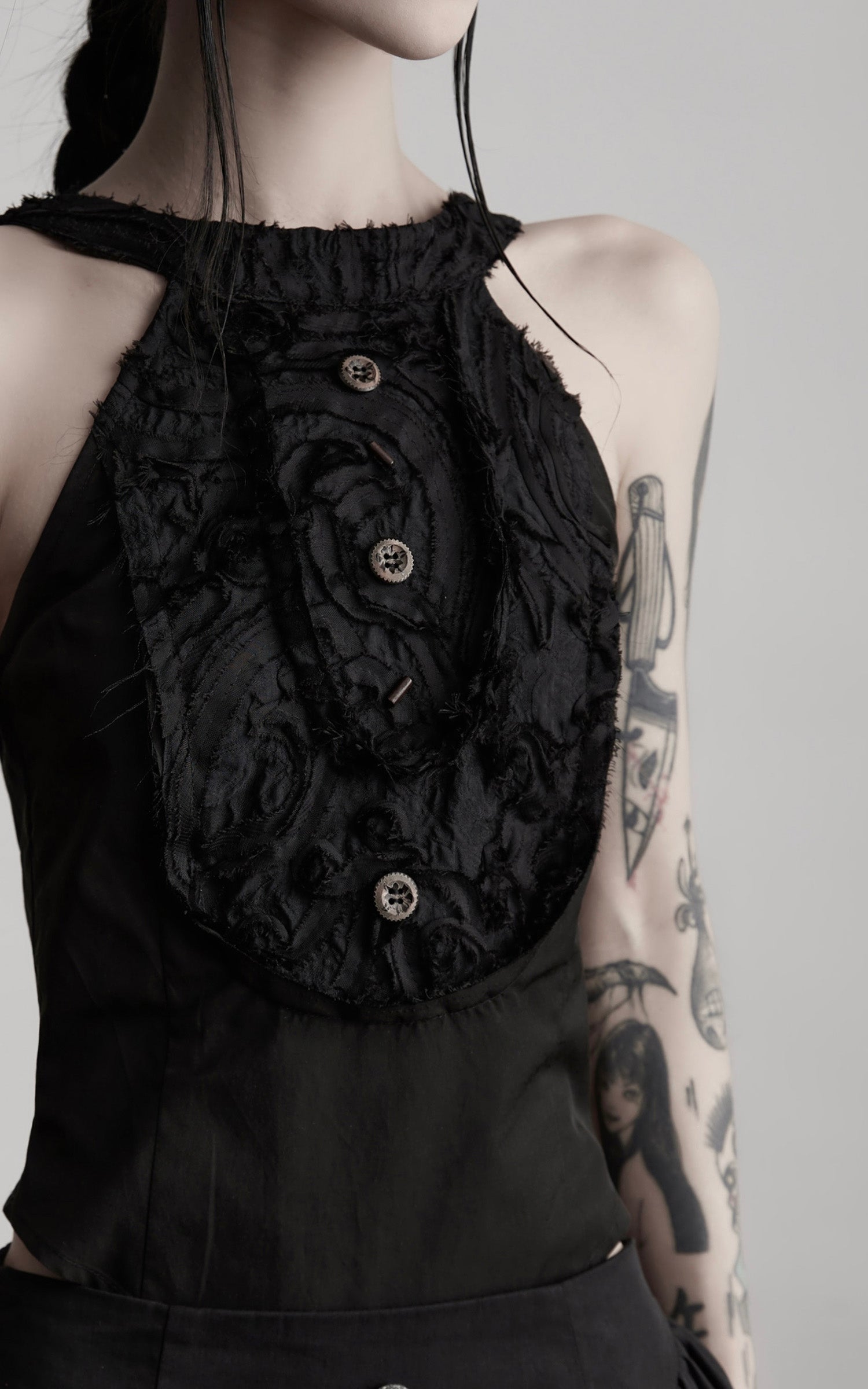 INDULGE Distressed Textured Halter Top with Sculptural Button Detail