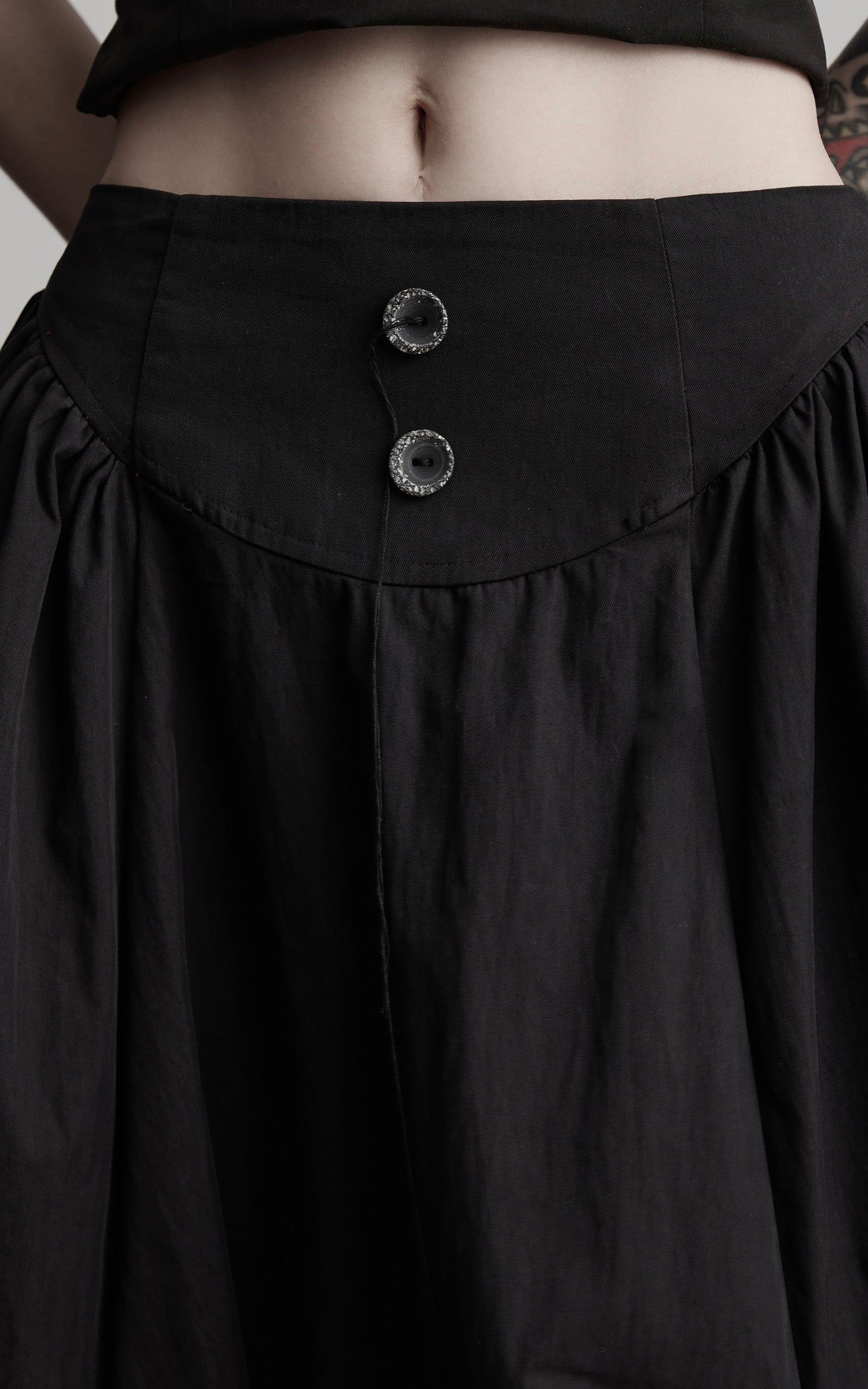 INDULGE Layered Contrast Hem Skirt with Gathered Draping and Buttoned High Waist