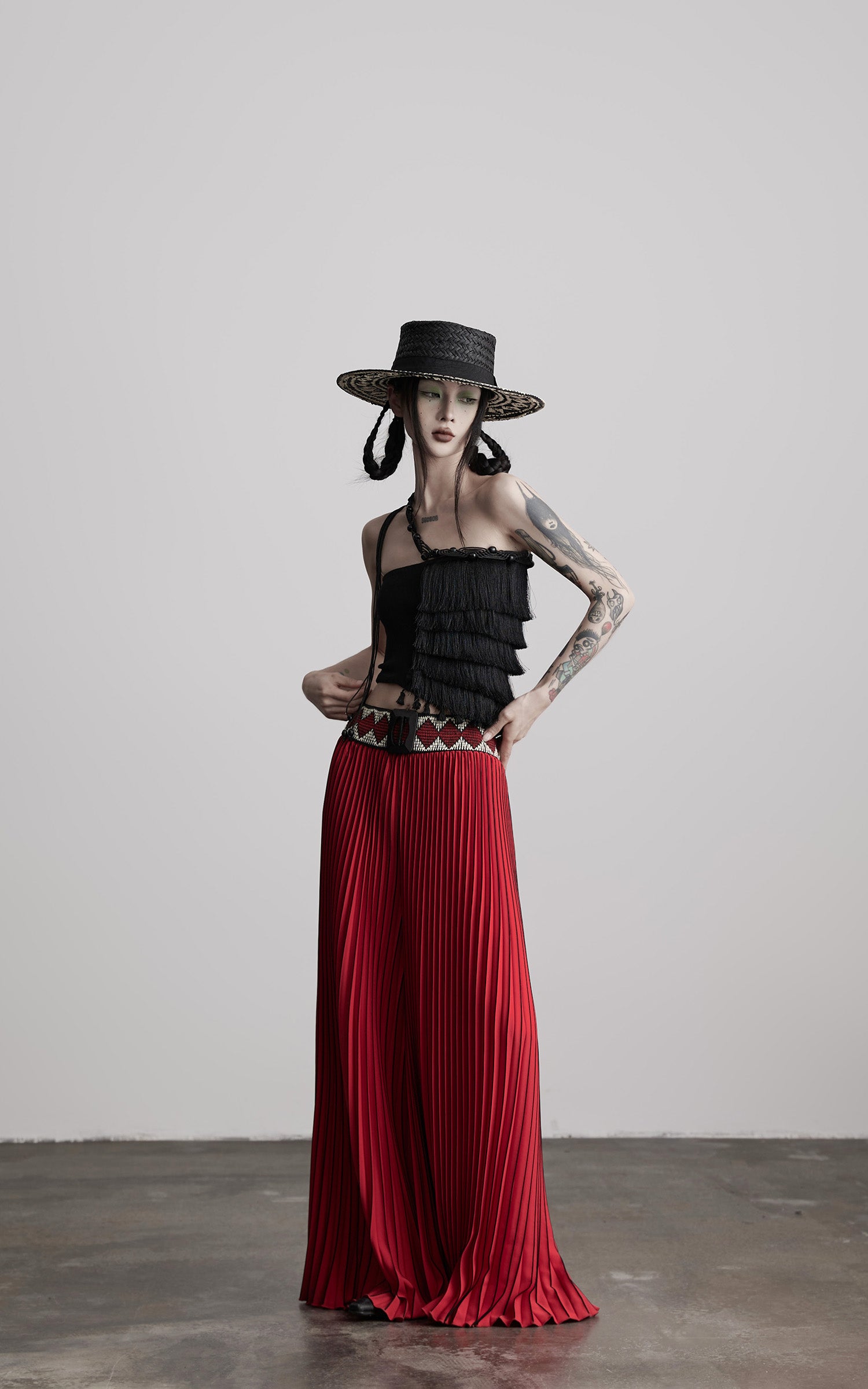 INDULGE Red Pleated Wide-Leg Skirt with Geometric Woven Waistband and Statement Buckle