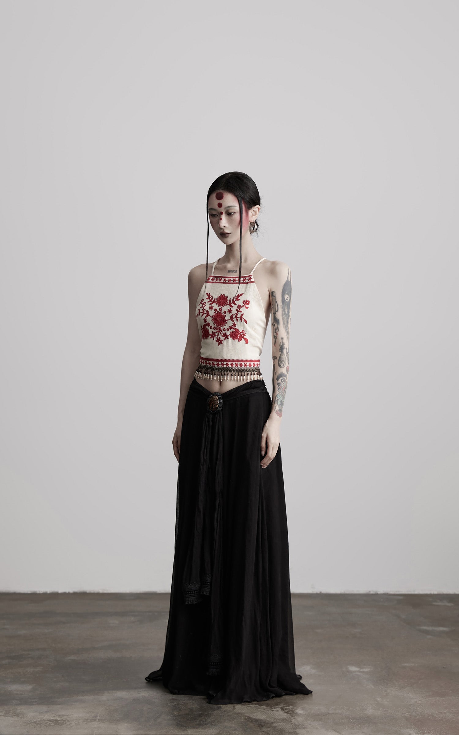 INDULGE Embroidered Halter Top with Floral Motif and Beaded Hem Detailing