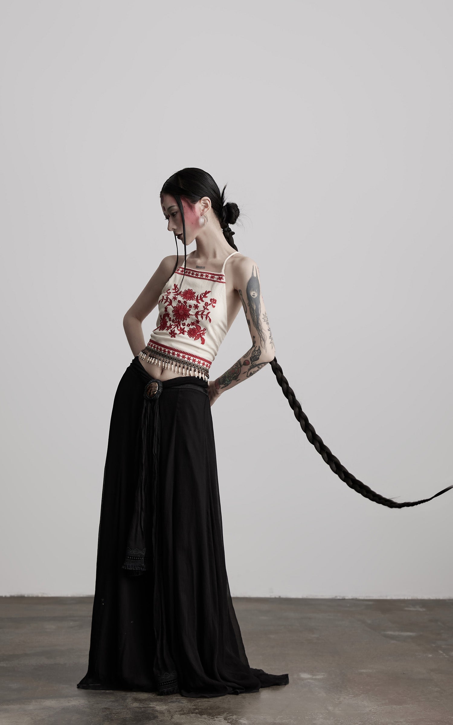 INDULGE Embroidered Halter Top with Floral Motif and Beaded Hem Detailing