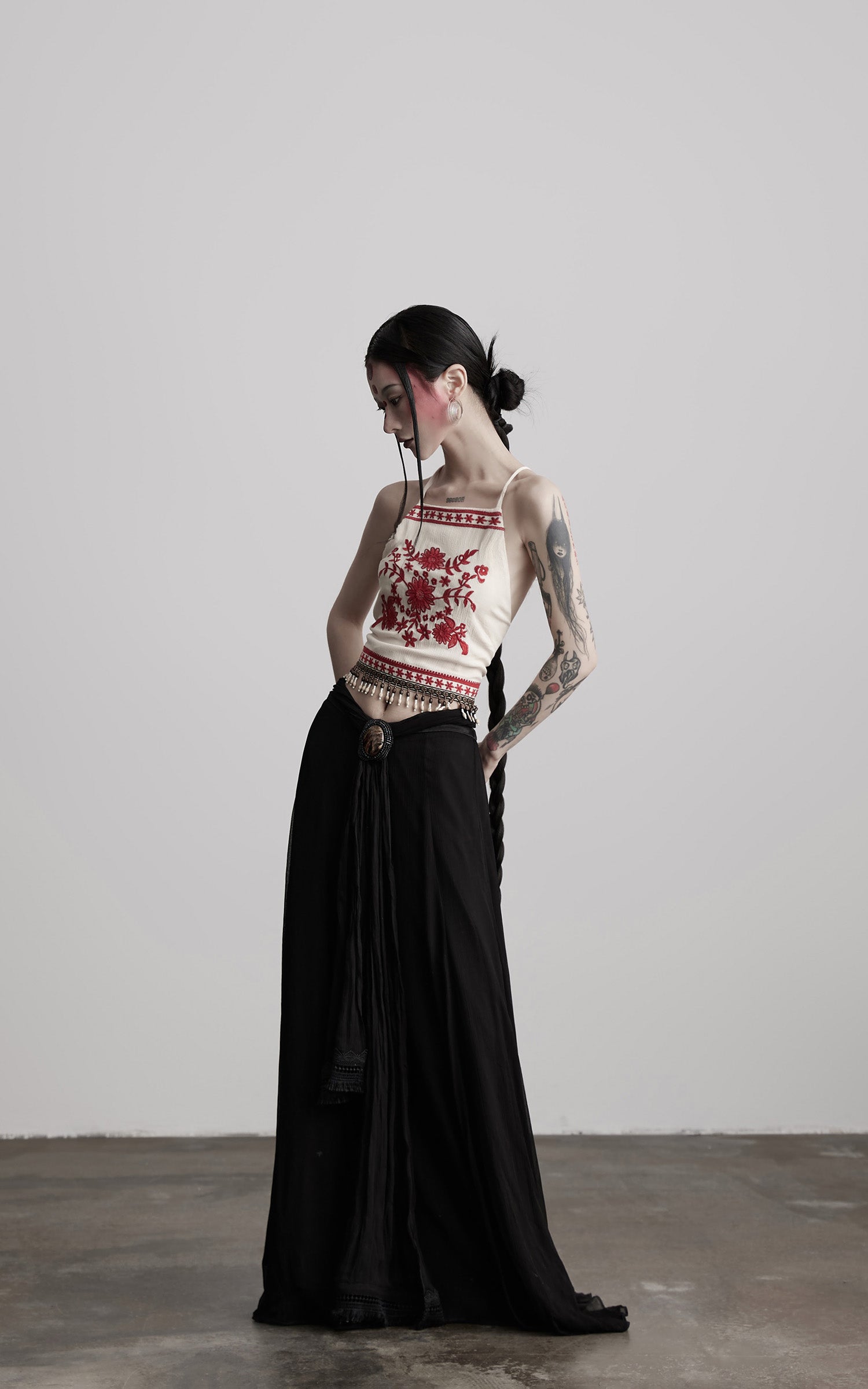 INDULGE Embroidered Halter Top with Floral Motif and Beaded Hem Detailing