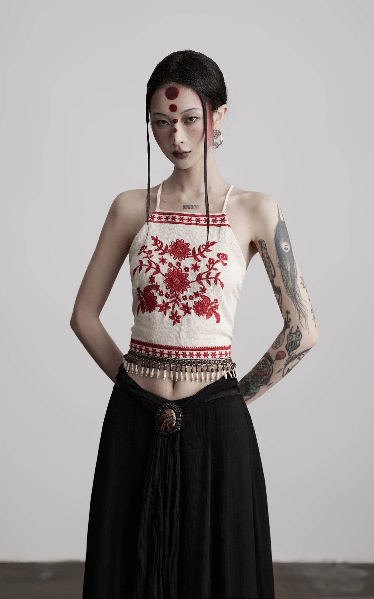 INDULGE Embroidered Halter Top with Floral Motif and Beaded Hem Detailing