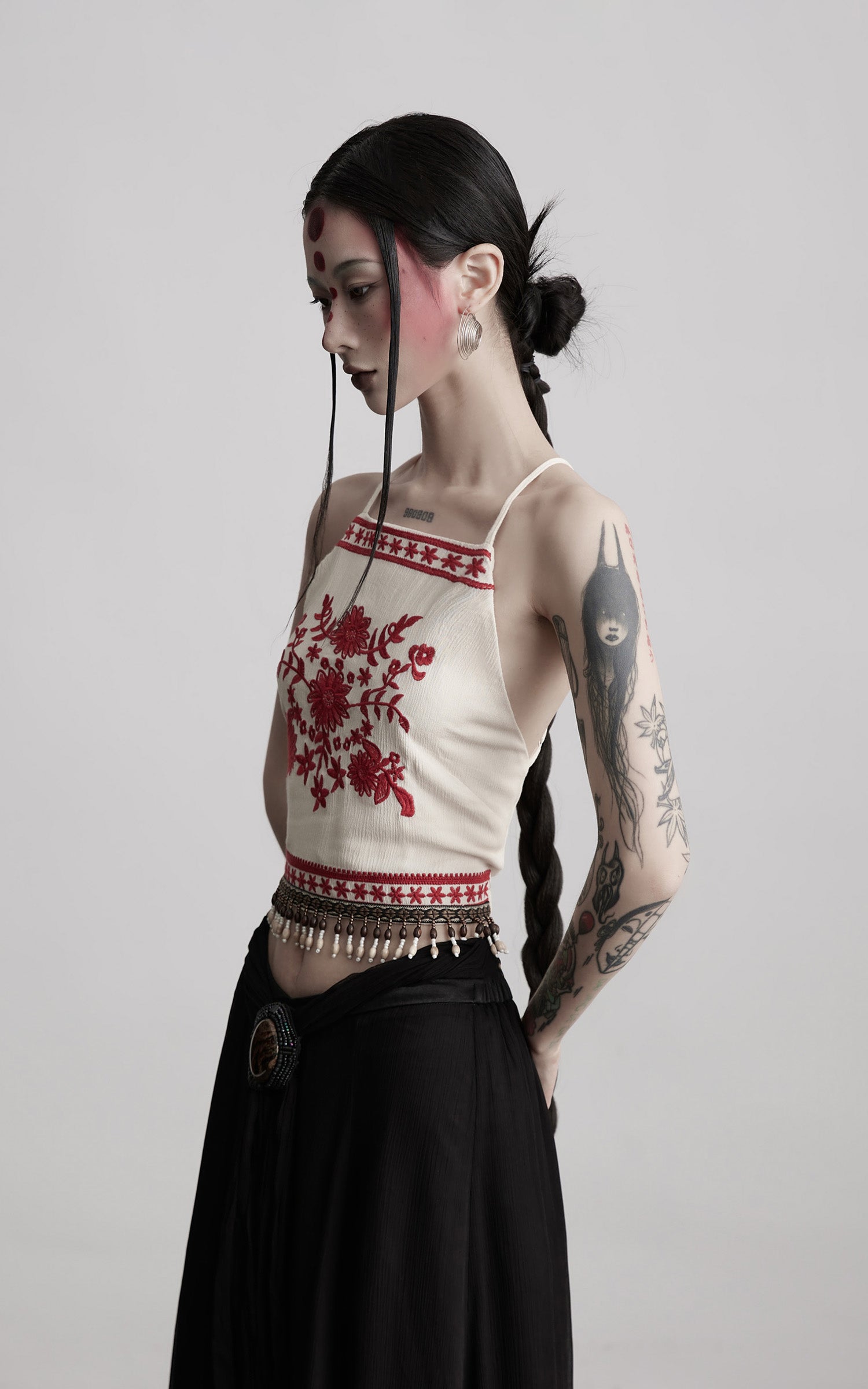 INDULGE Embroidered Halter Top with Floral Motif and Beaded Hem Detailing