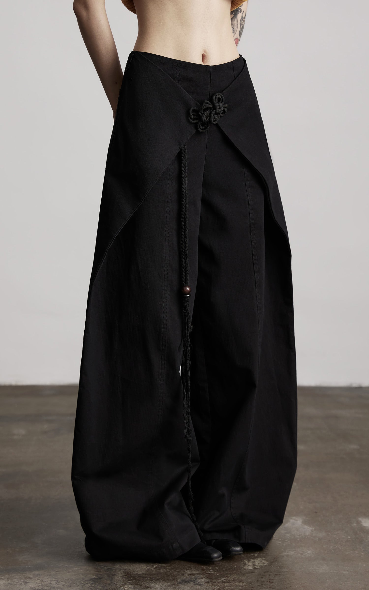 INDULGE Wide-Leg Wrap Pants with Knot Button and Beaded Tassel Detail