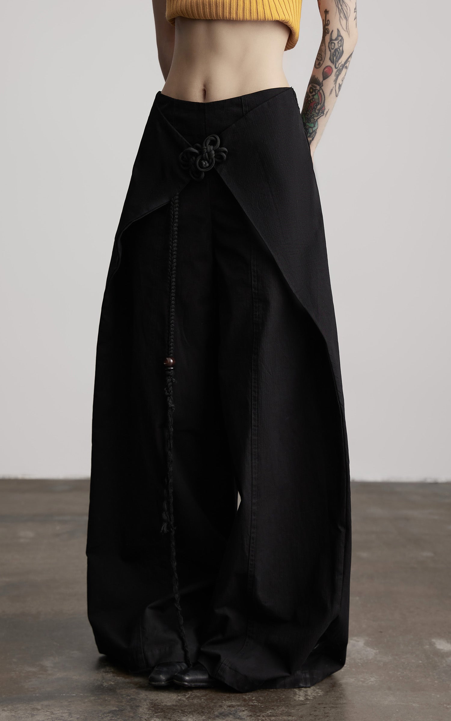 INDULGE Wide-Leg Wrap Pants with Knot Button and Beaded Tassel Detail