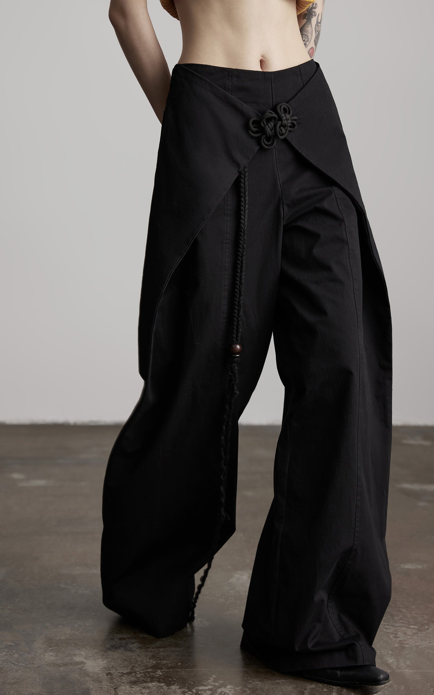 INDULGE Wide-Leg Wrap Pants with Knot Button and Beaded Tassel Detail