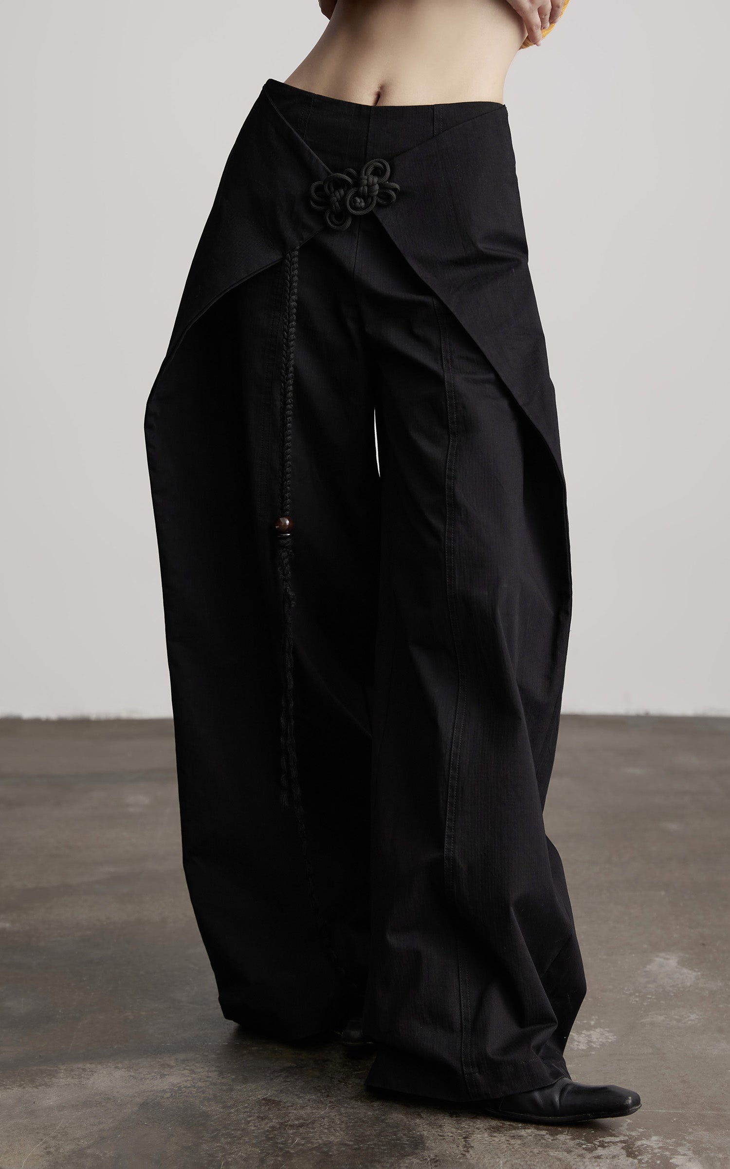 INDULGE Wide-Leg Wrap Pants with Knot Button and Beaded Tassel Detail