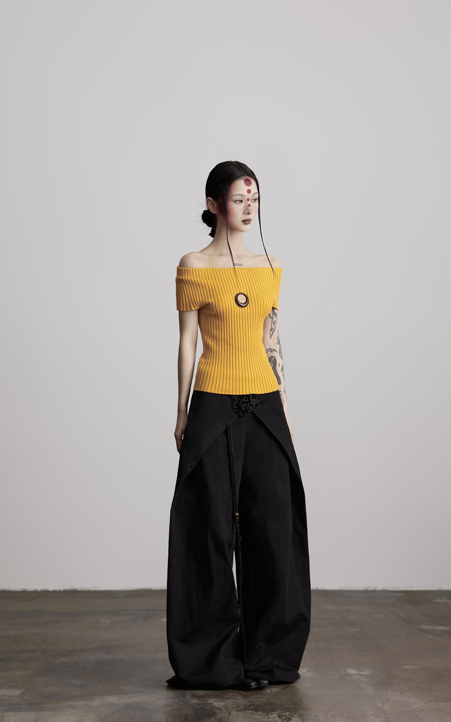 INDULGE Wide-Leg Wrap Pants with Knot Button and Beaded Tassel Detail