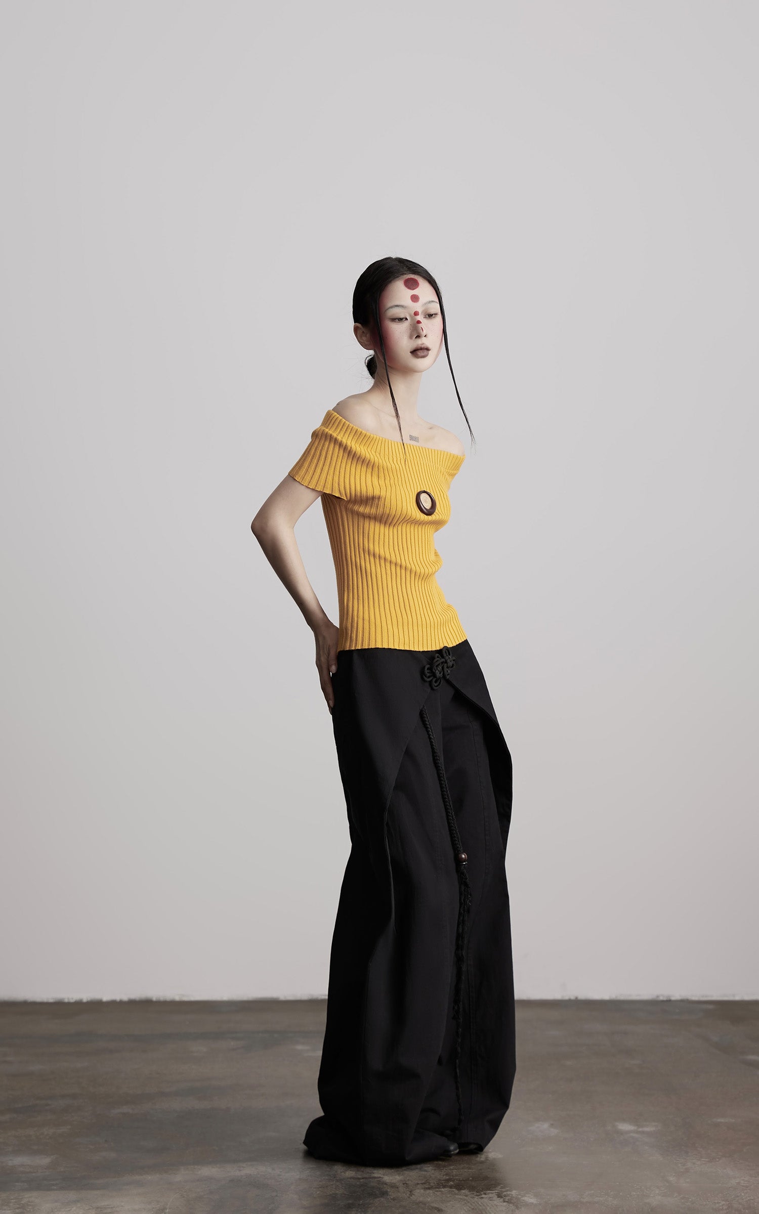 INDULGE Wide-Leg Wrap Pants with Knot Button and Beaded Tassel Detail