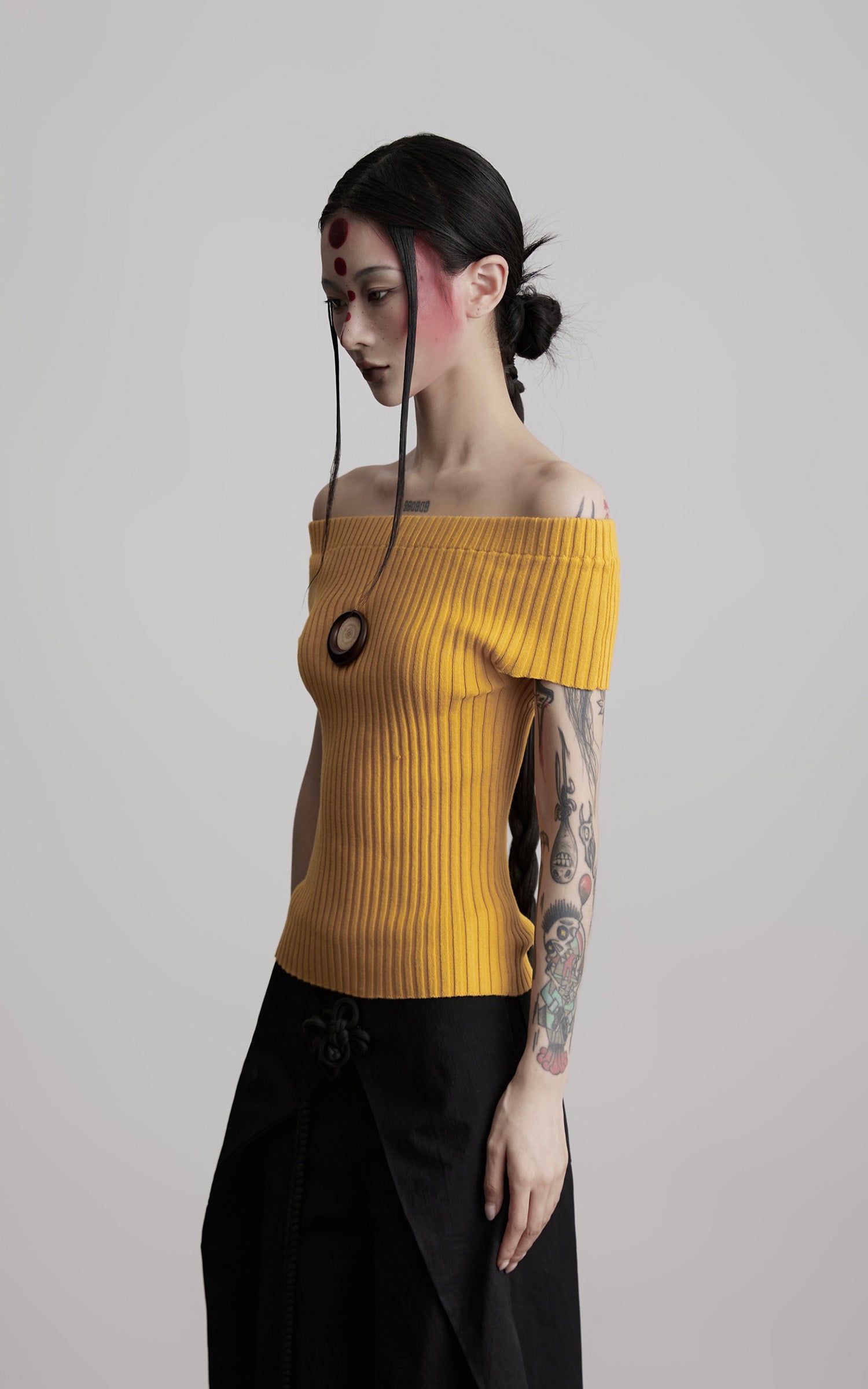 INDULGE Off-Shoulder Ribbed Knit Top with Wooden Medallion Detail