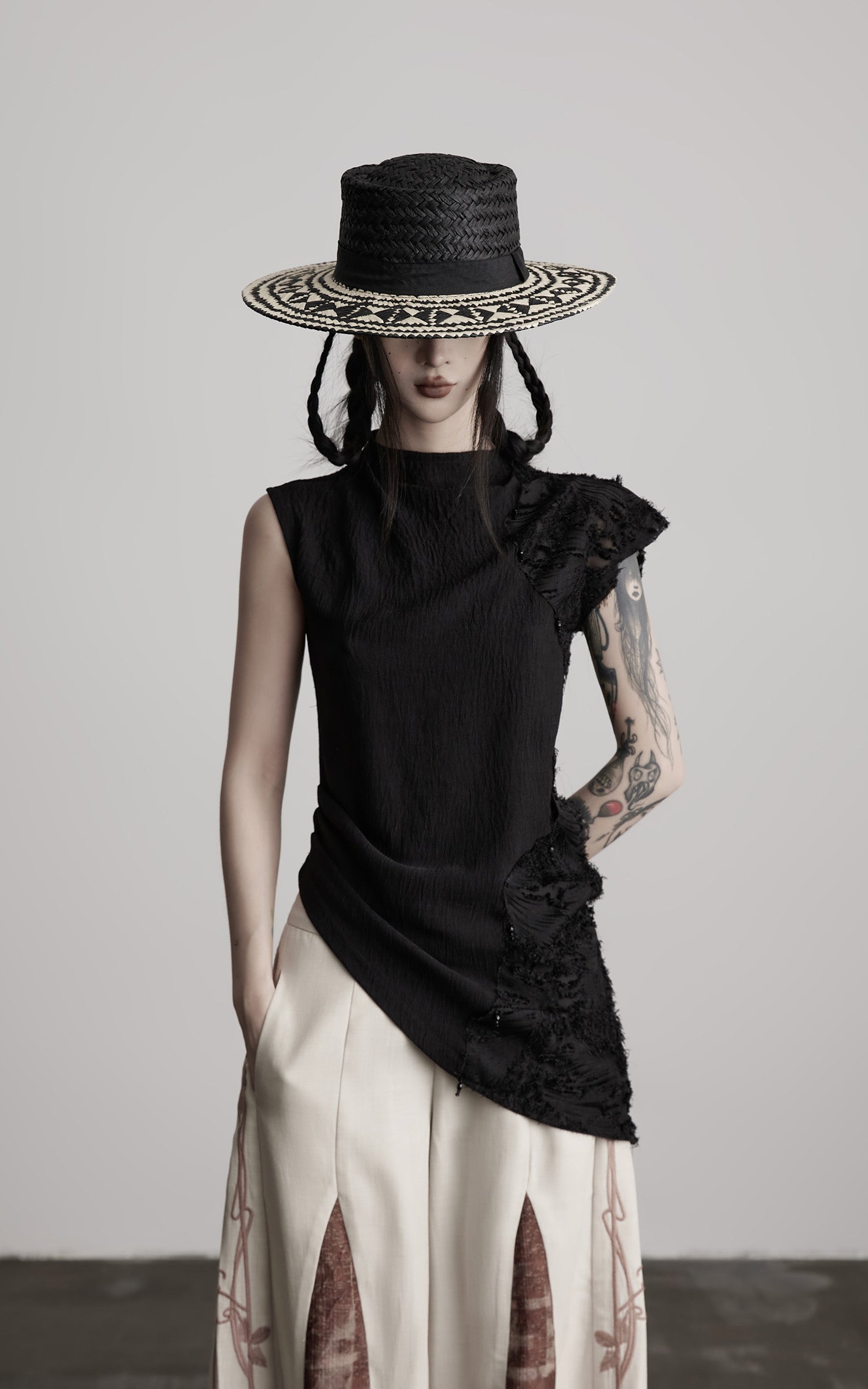 INDULGE Asymmetric Textured Sleeveless Top with Frayed and Beaded Detailing