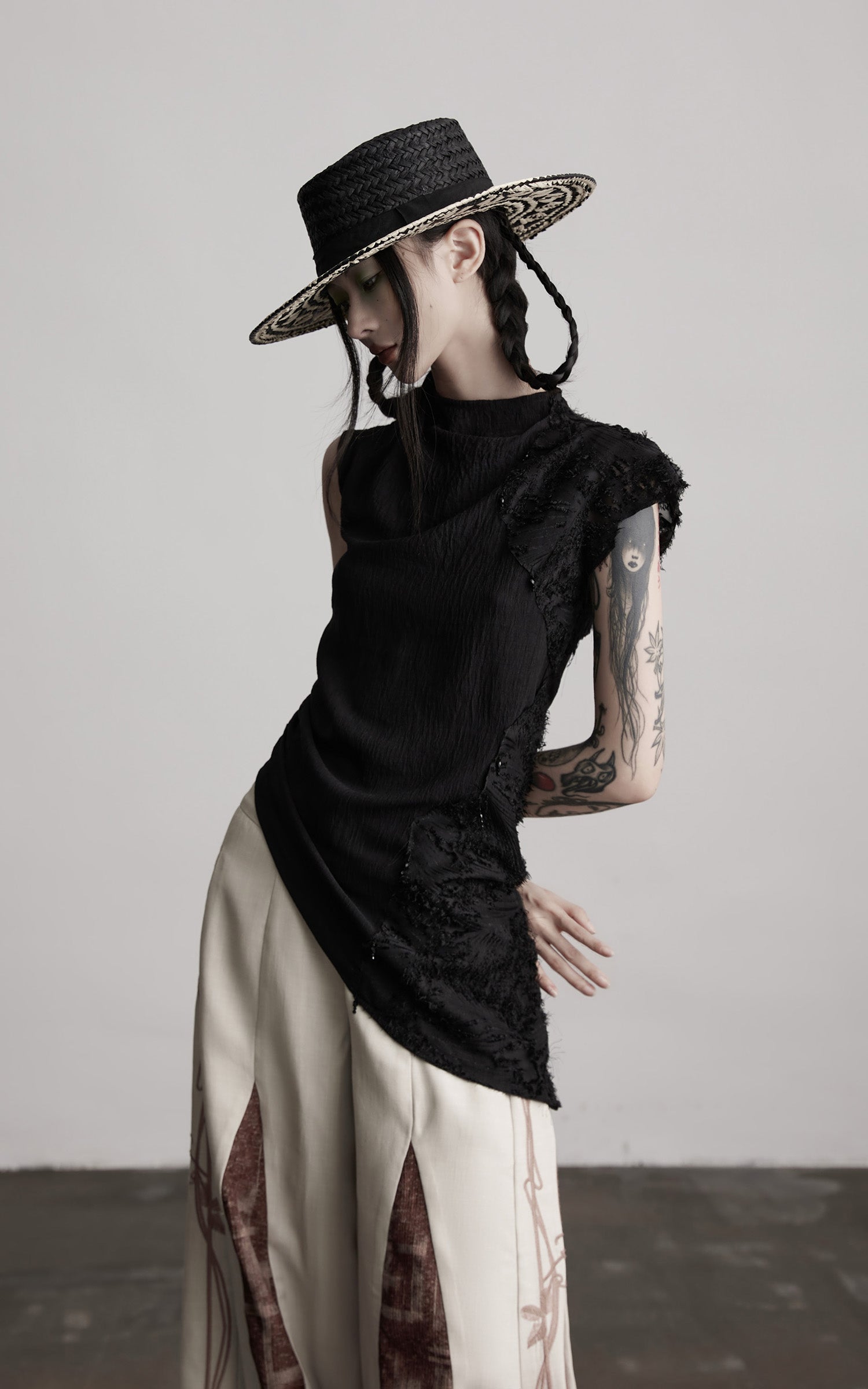 INDULGE Asymmetric Textured Sleeveless Top with Frayed and Beaded Detailing