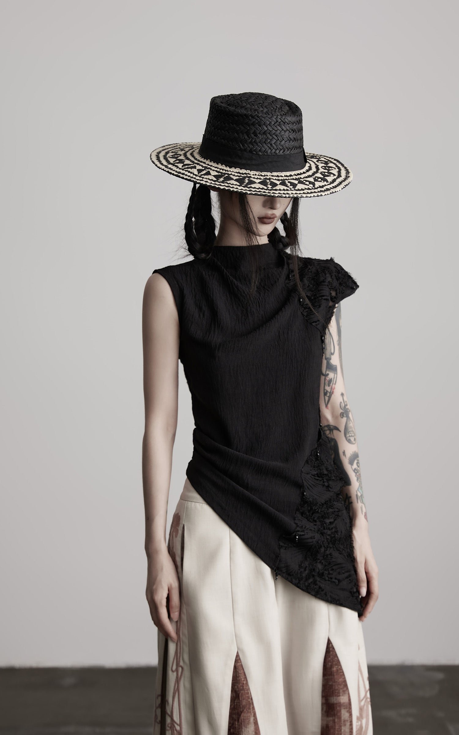 INDULGE Asymmetric Textured Sleeveless Top with Frayed and Beaded Detailing