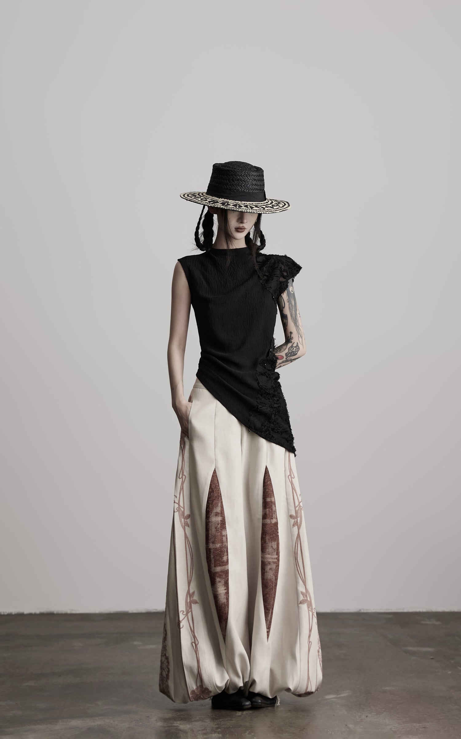 INDULGE Asymmetric Textured Sleeveless Top with Frayed and Beaded Detailing
