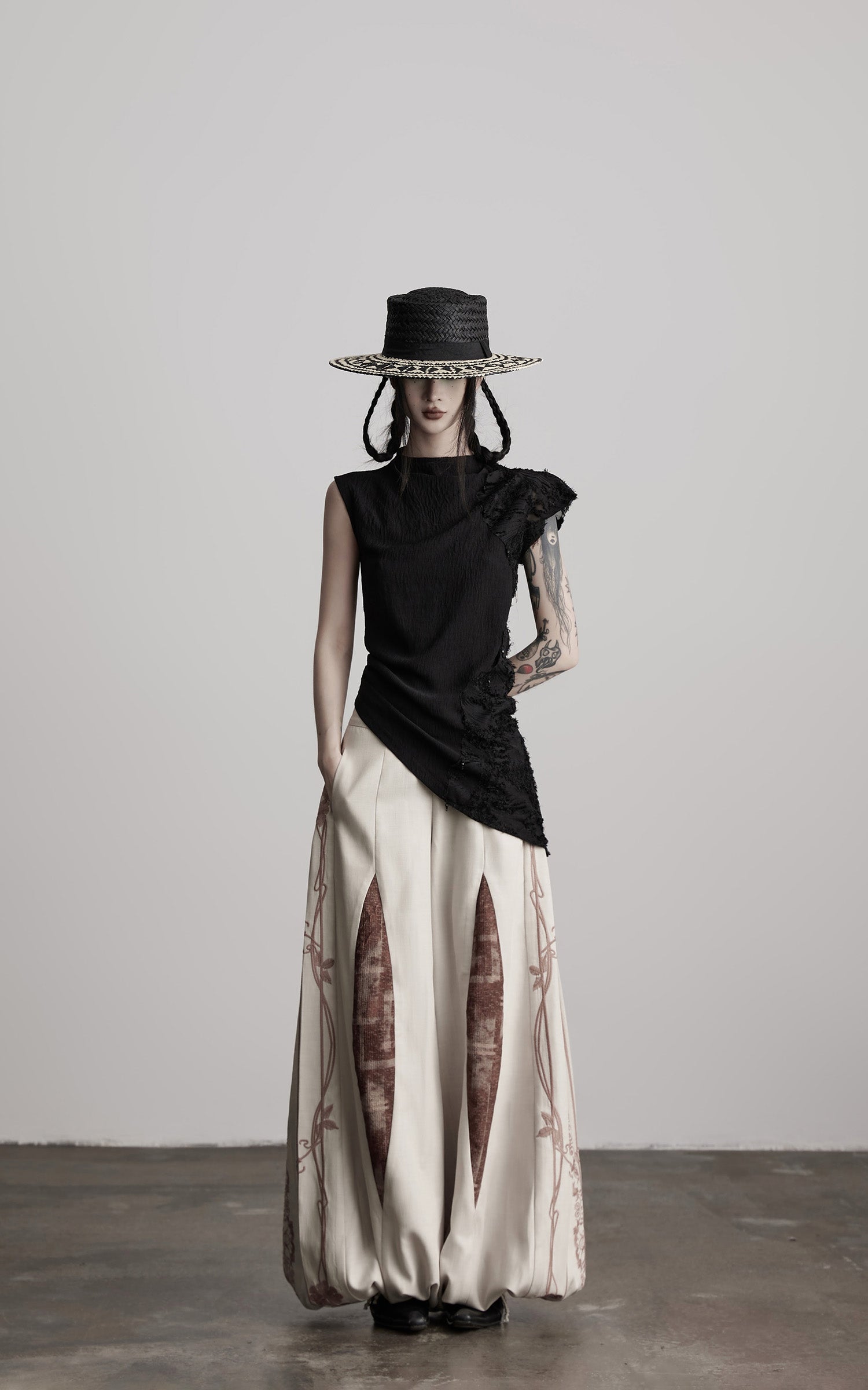 INDULGE Asymmetric Textured Sleeveless Top with Frayed and Beaded Detailing