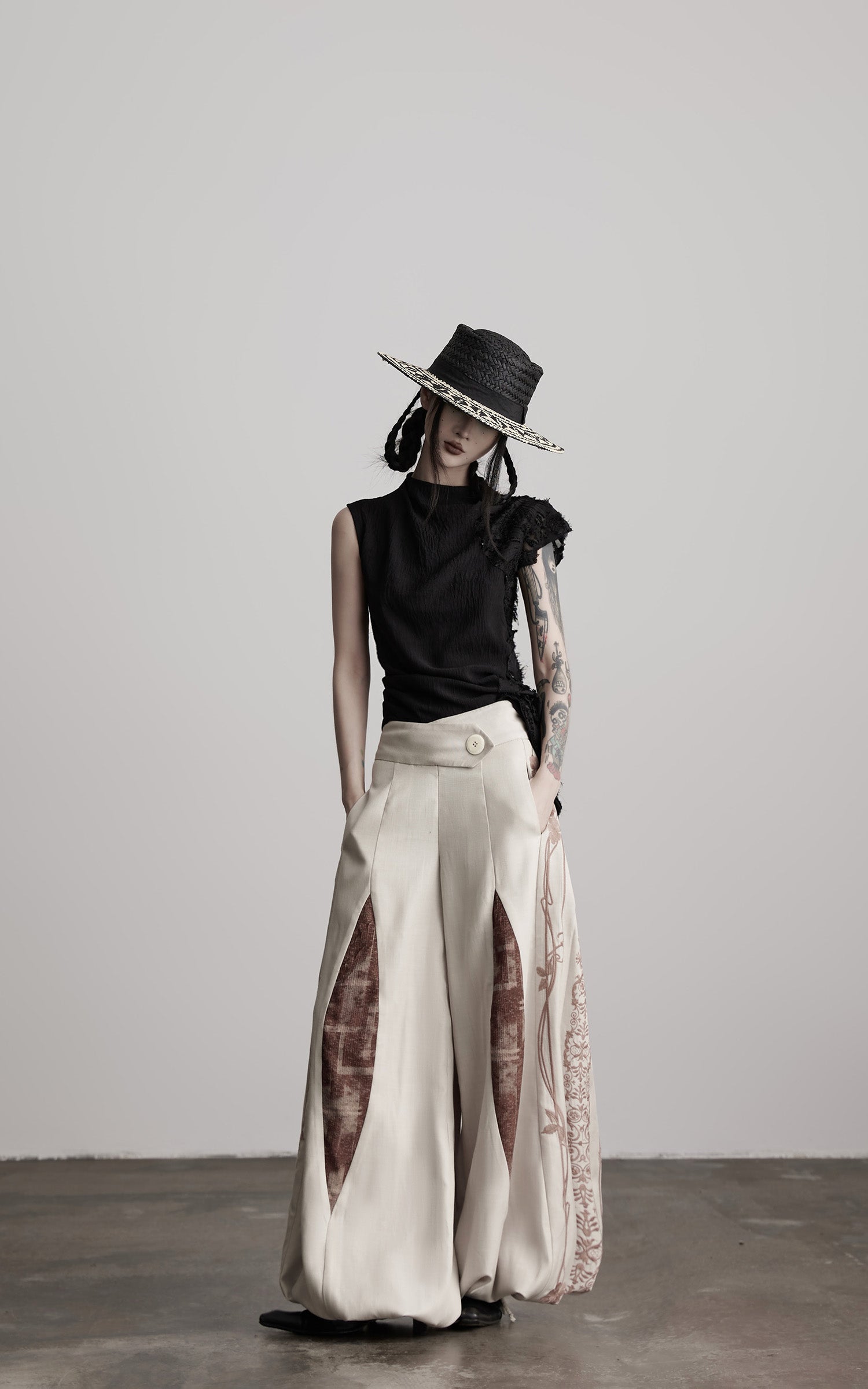 INDULGE Asymmetric Textured Sleeveless Top with Frayed and Beaded Detailing