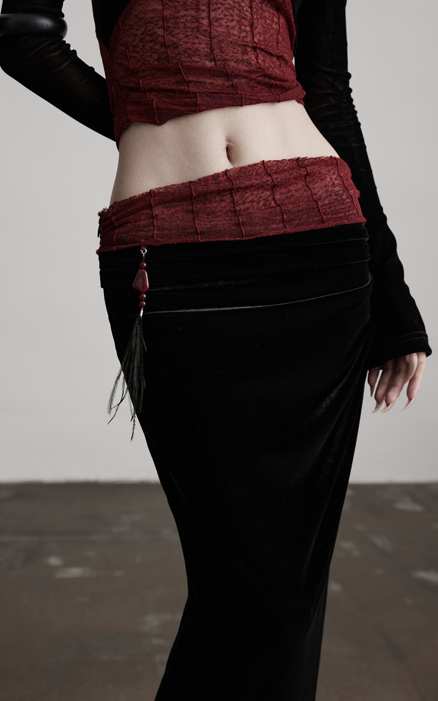 INDULGE Draped Velvet Skirt with Sheer Red Waist Detail