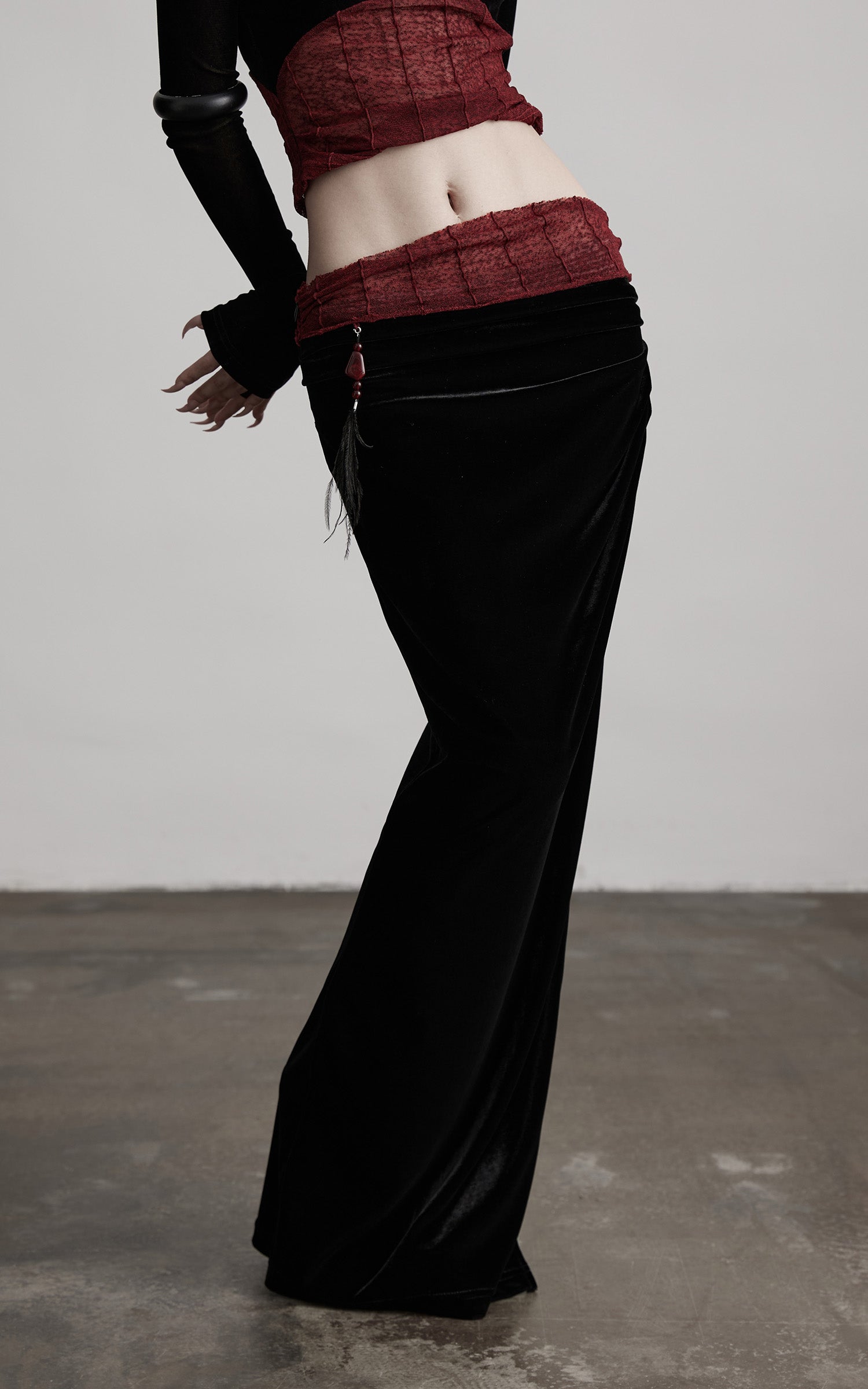 INDULGE Draped Velvet Skirt with Sheer Red Waist Detail